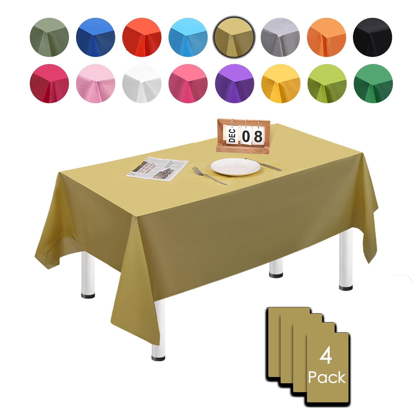 4 Pack Gold Table Cloths for Party,137x274cm Extra Large Rectangular Tablecloths,Solid Color TableCloth,Wipe Clean|Waterproof|Oilproof Table Cover for Parties,Daily Use,Outdoor Picnic,Weddings