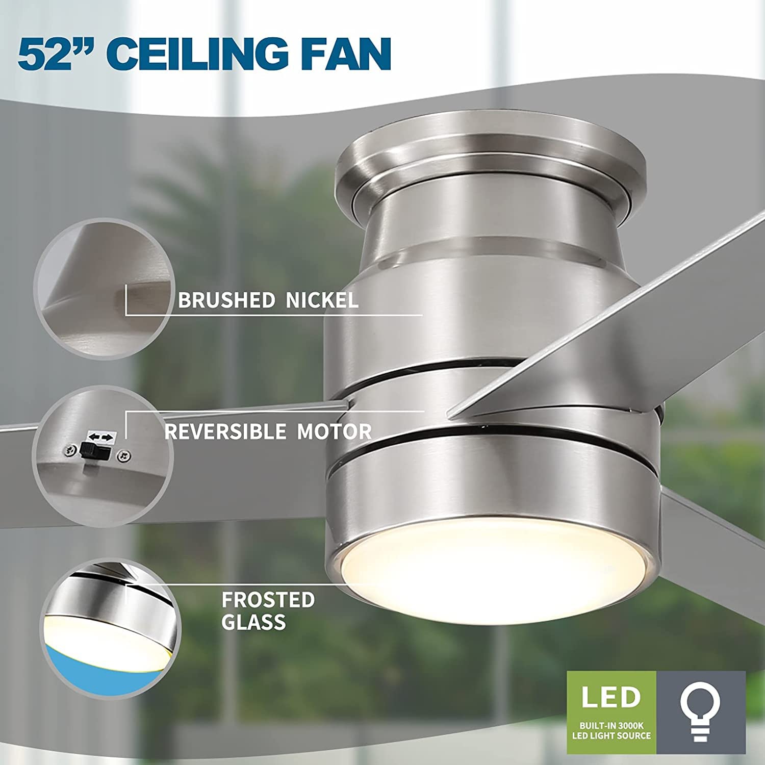 Flush Mount Ceiling Fan with Lights Remote Control, 52Inch, Brushed Nickel(3Blades