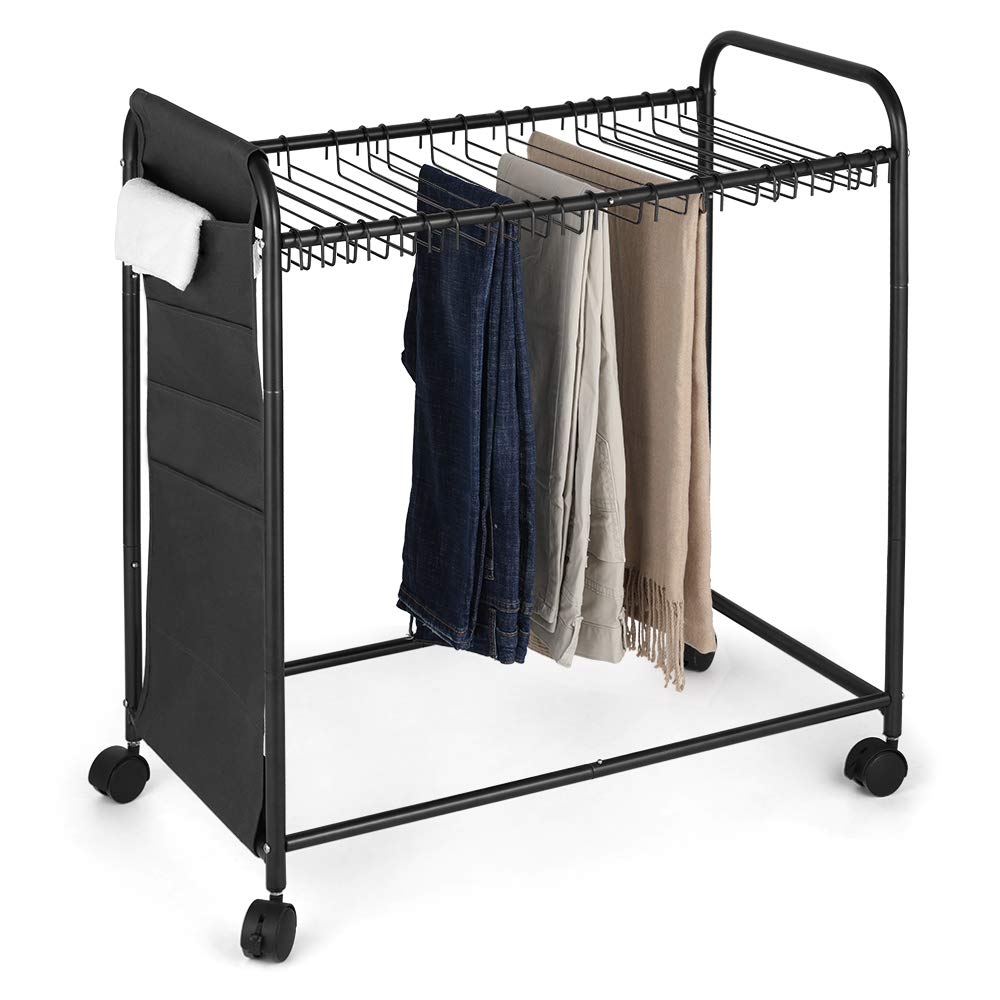 Pants Hangers Space Saving Pant Organizer for Closet Hangers for Pants Rolling Pants Racks for Hanging Jeans Pants Rack with 20 Hangers and Side Bag Pants Trolley for Dress Jeans Skirts, Black