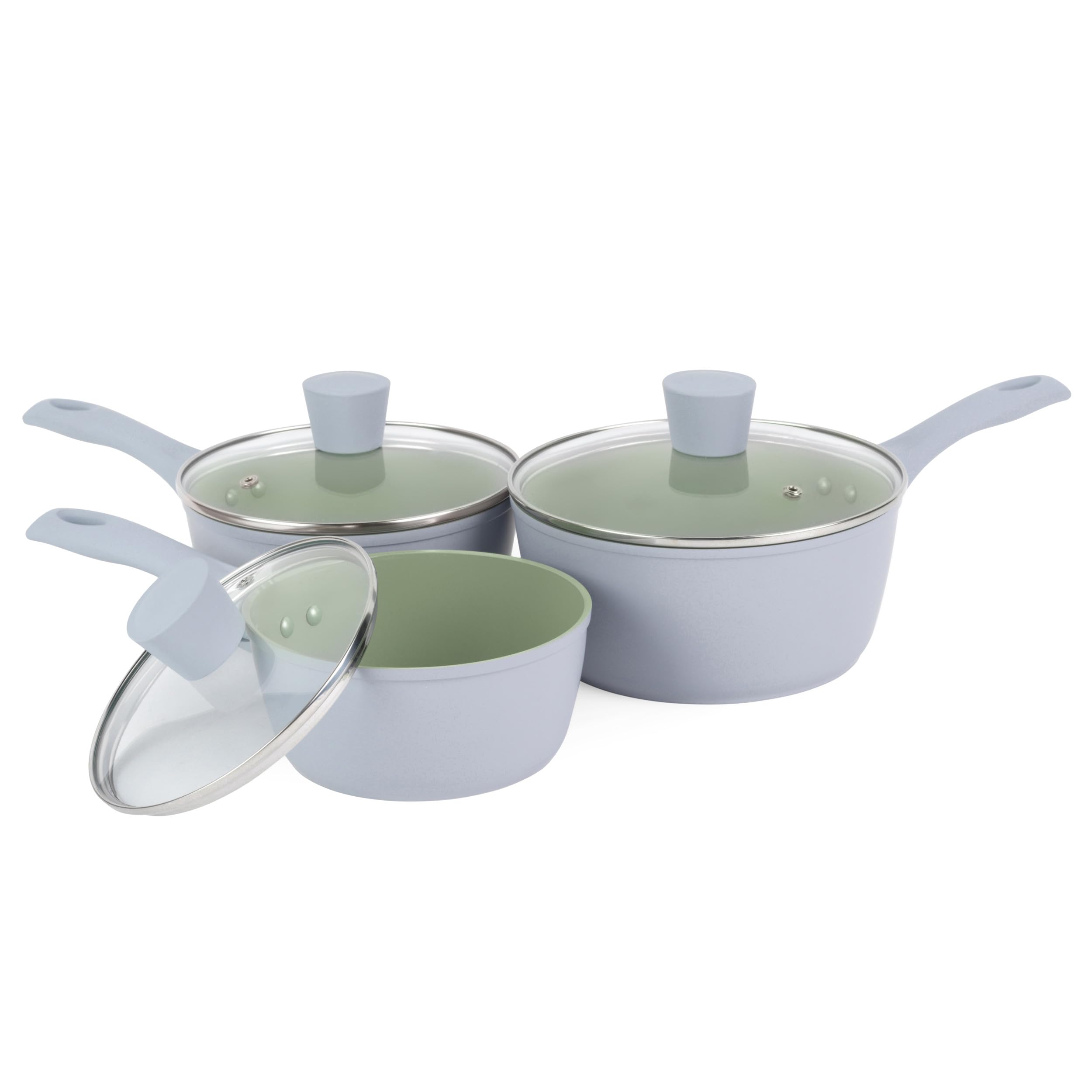 Salter Earth 3pc Saucepan Set – Sustainable Ceramic Non-Stick Coating, PFAS-Free Induction Cookware, Aluminium Cooking Pots with Lids, Easy Clean, PFOA/PTFE-Free, Stay Cool Handles, Green
