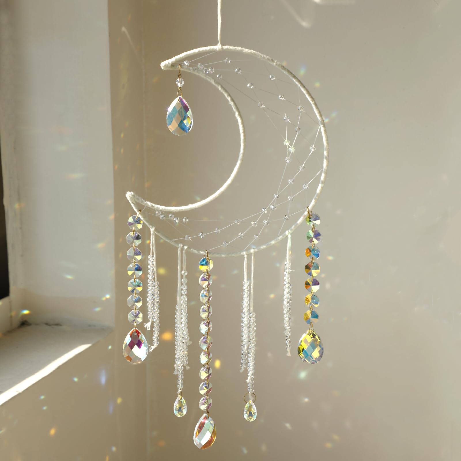 Artilady Crystal Moon Dream Catcher - Large White Dream Catchers with Crystals Suncatcher Boho Wall Hanging Rainbow Dreamcatcher Bedroom Home Moon Decor Christmas Decoration Gift for Girls,Women-image-36
