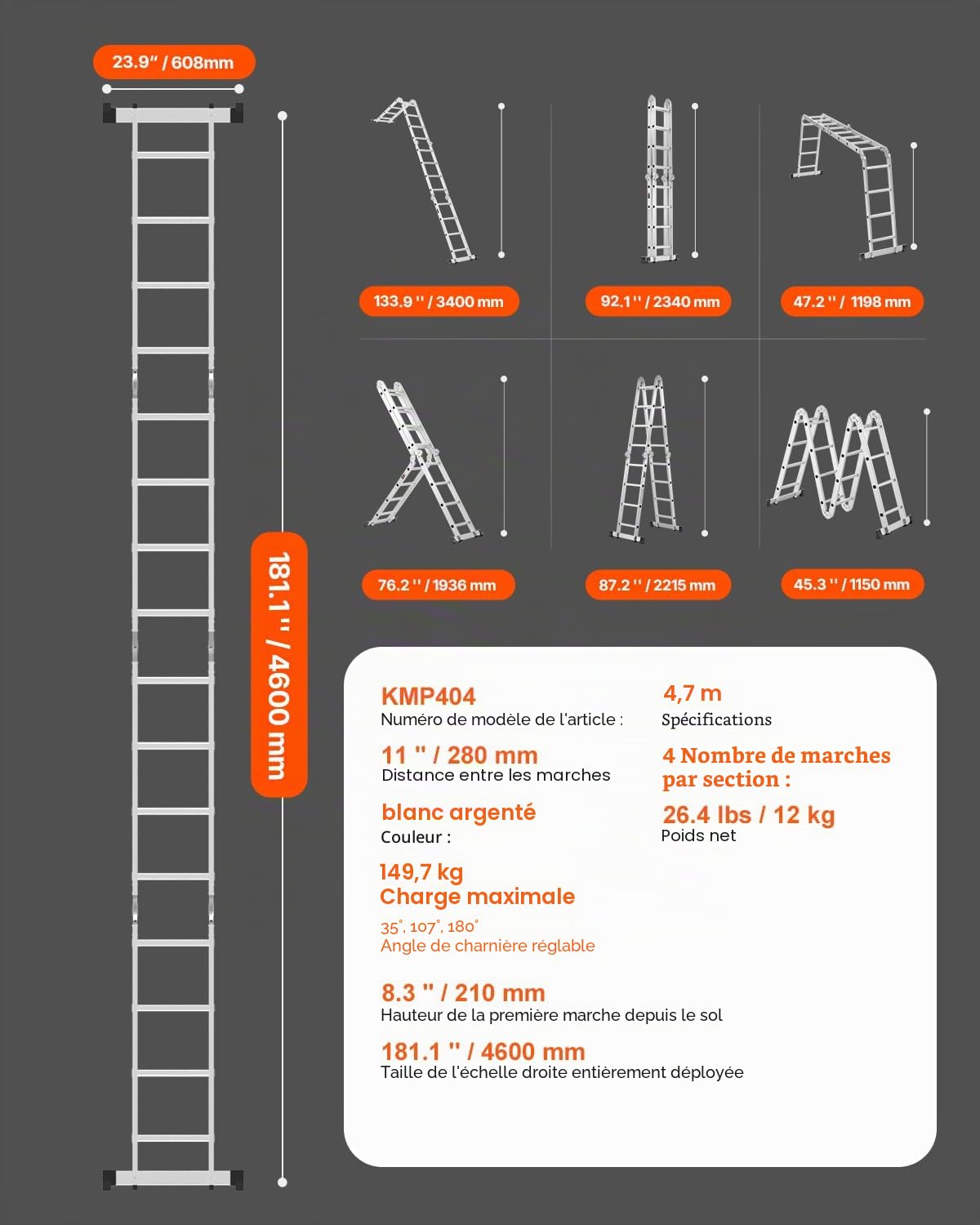 VEVOR Échelle Pliante Polyvalente 7 en 1 Escabeau Télescopique Réglable avec Barre Équilibre, Hauteur de Portée 4,6 m, Charge 150 kg, Échelle Multifonction Cadre A 4 Marches, pour Extérieur Intérieur