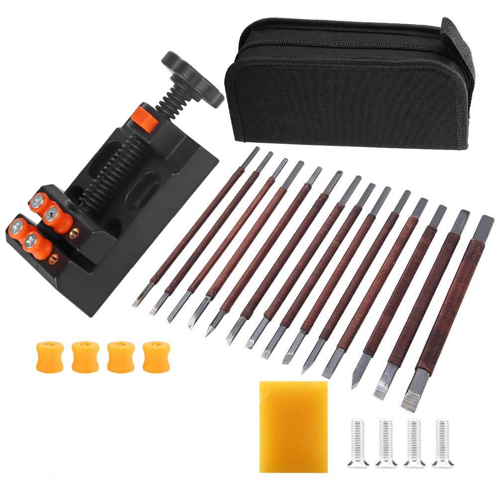 Kit de 18 outils de sculpture sur pierre - Ciseau de sculpture en acier au manganèse à double extrémité avec sac de rangement et lit de serrage pour gravure de sceaux