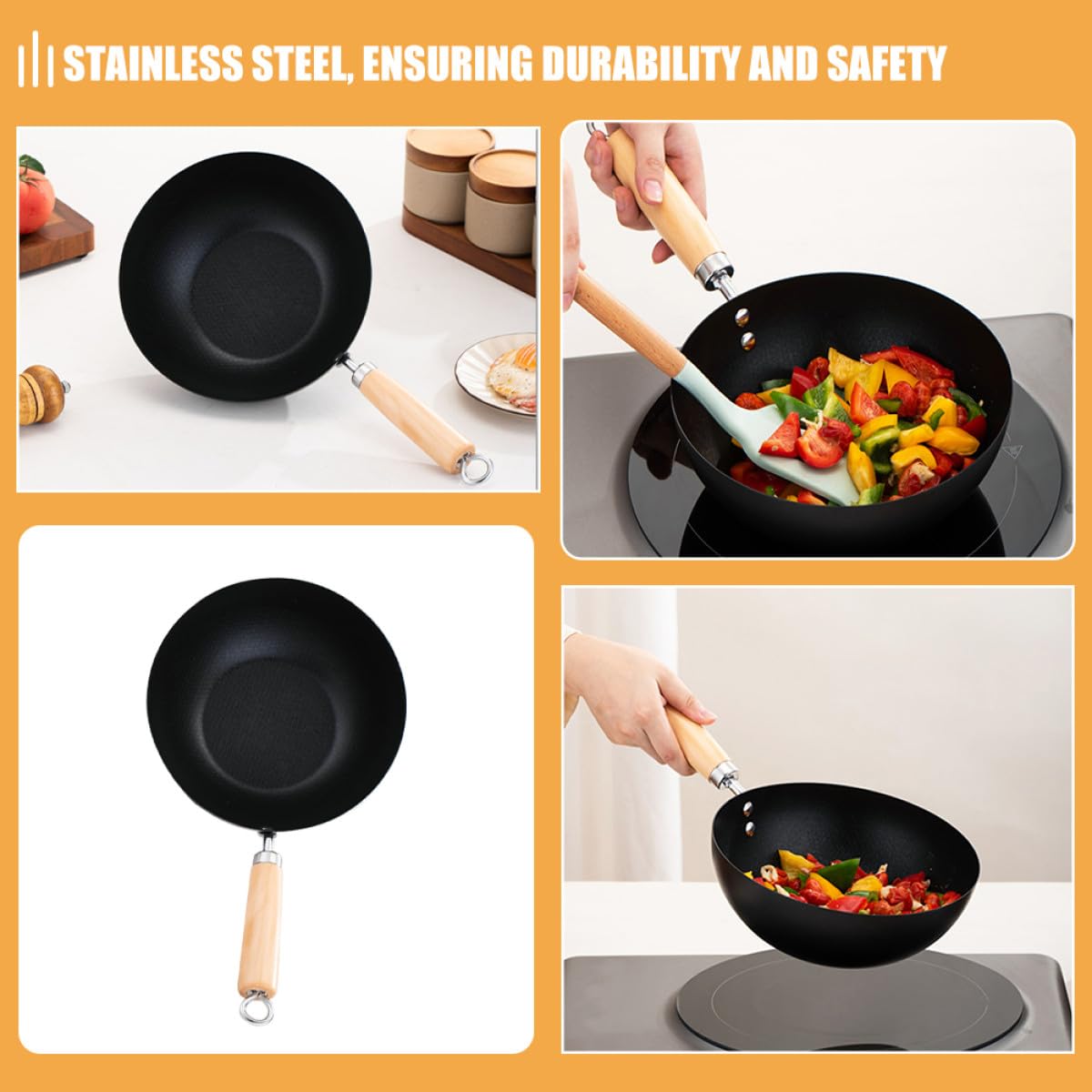 OSALADI Mini Padella Wok in Acciaio Inox 22 Cm Antiaderente senza Rivestimento con Manico Ergonomico, Padella per Uova e Cucina Quotidiana Adatta a Fornelli a Induzione a Gas, Accessorio