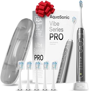 Aquasonic Vibe Series PRO – Ultra-Whitening Electric Toothbrush – 5 Modes & Smart Timers – Premium Travel Case & 6 Proflex Brush Heads – ADA Accepted Toothbrush (Charcoal Metallic)