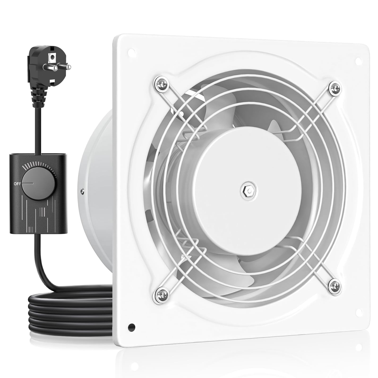 Hon&Guan Afvoerventilator, 250 mm met schakelaar, 1680 m³/uur, industriële rookafvoer, wandventilator met terugloopklep, badkamerventilator, afvoerlucht met EU-stekker voor garage, werkplaats