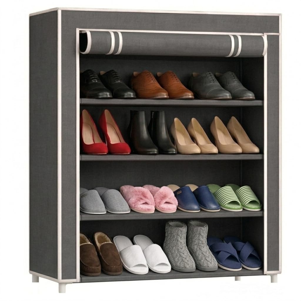 EASY BUY 4 Shelves Shoe Rack Plastic Grey with Zip Door Cover & Side Pockets, Multiuse Storage Rack for Footwear, Toys, Clothes with Dustproof Cover 4 Shelves-image-31