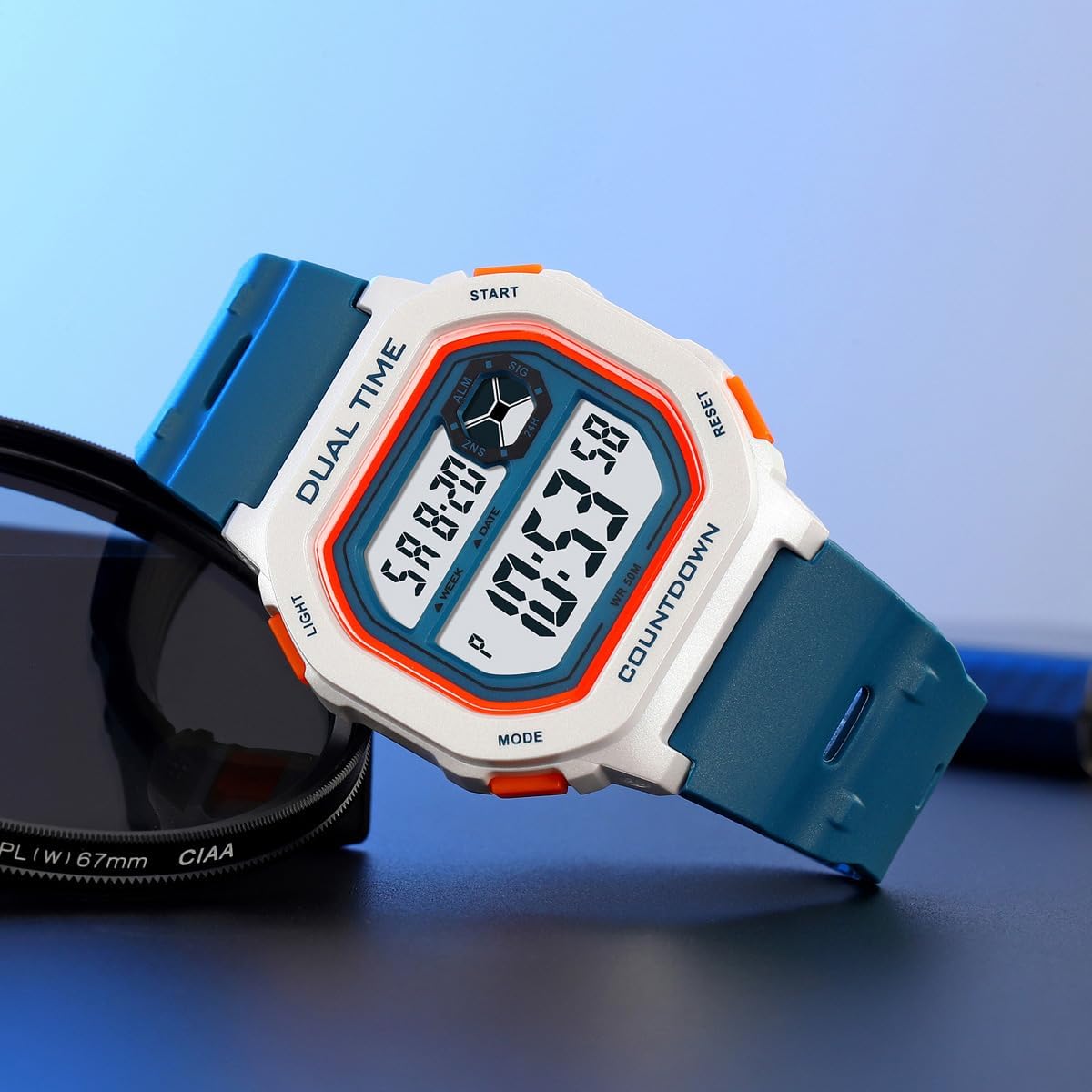 Reginald Watches for Men Fashion Trend Multifunction Waterproof Watch EL Backlight Digital Chronograph TPU Watch Strap Square Watches