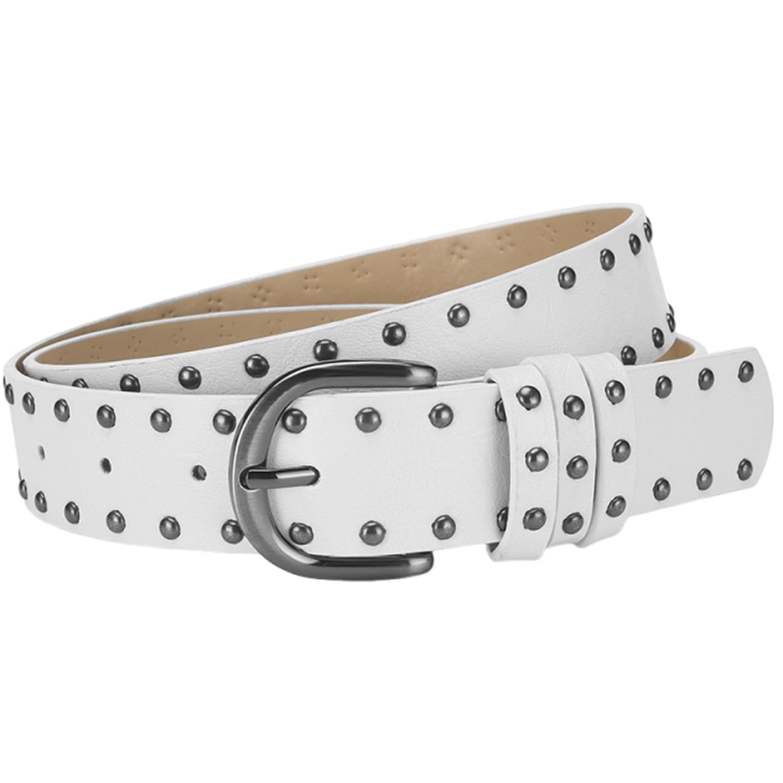 AGUTALITHIC Punk-Rock Studded Belt for Women,Western 2 Row Round Rivet Gothic PU-Leather Strap 33mm for Jeans & Pants Outfits(105cm/41, White)