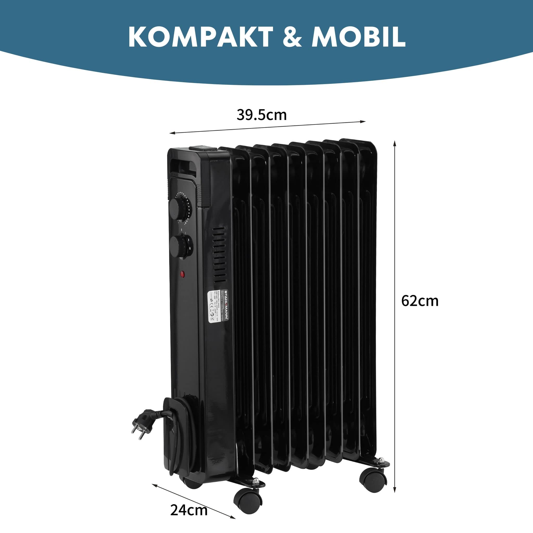STAHLMANN Ölradiator ZR17 2000 Watt – Elektroheizung Energiesparend bis 40 qm Fläche – Heizung Elektrisch mit Thermostat und 3 Heizstufen – Elektrisches Heizgerät, Electric Heater Schwarz