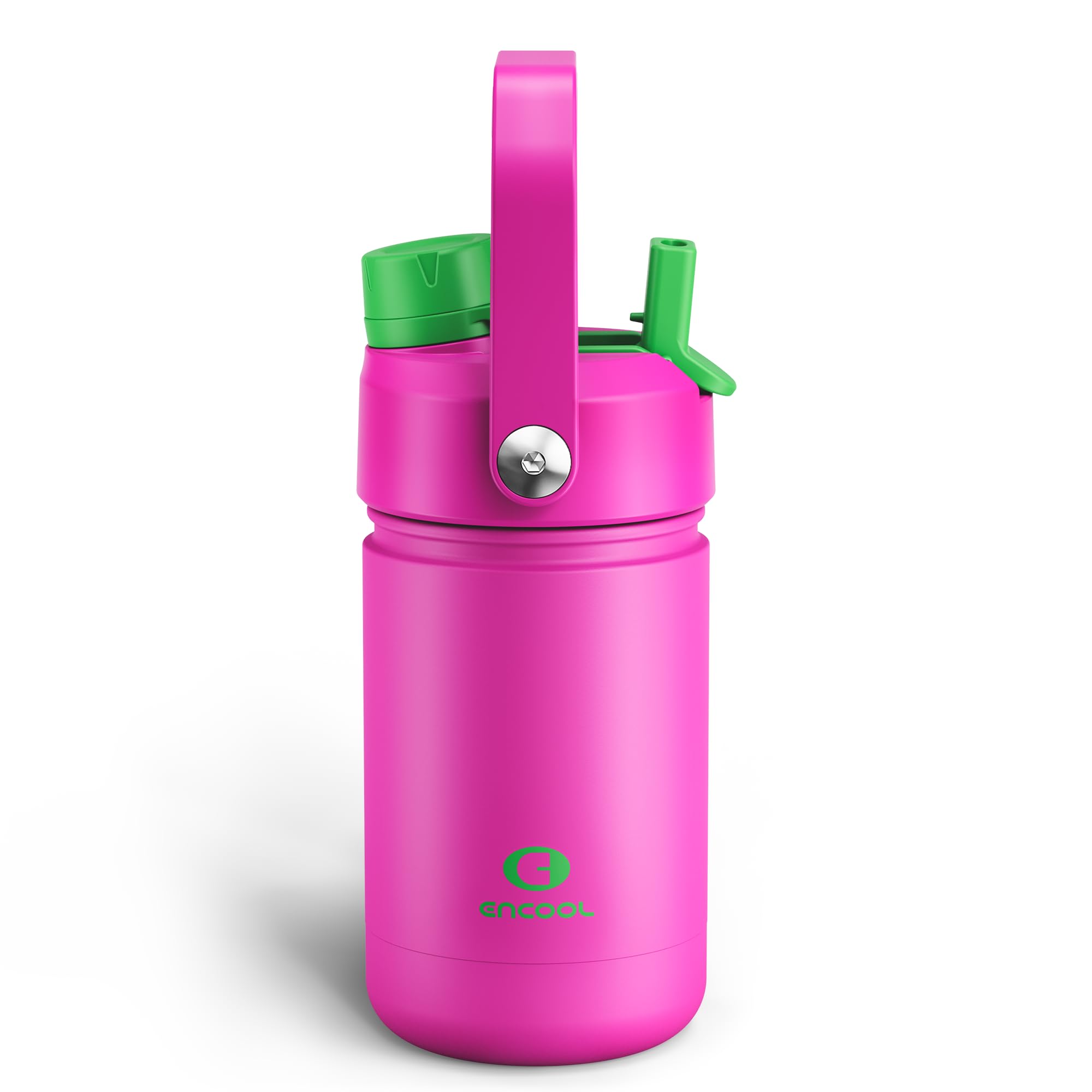 ENCOOL Kids Insulated Water Bottle with Straw - 12oz Stainless Steel Water Bottle with Dual Spouts, Leak-Proof, BPA-Free, Double Wall Vacuum Keeps Cold for 24 Hours for Sports, Travel (Knockout Pink)