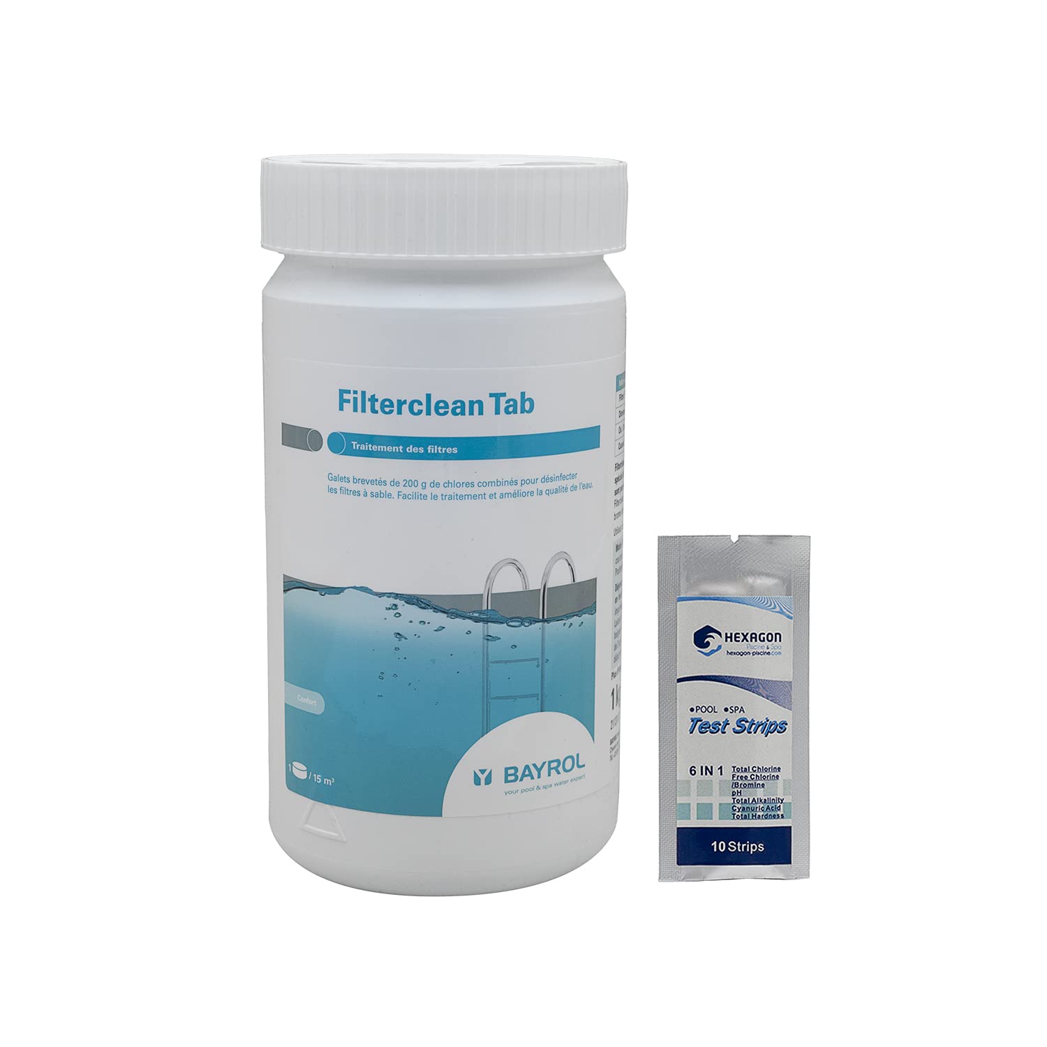 BAYROL FILTERCLEAN Tab - 1kg | Désinfectant Filtres à Sable à Base de Chlores Combinés + 10 Tests HPS OFFERTS 6 en 1
