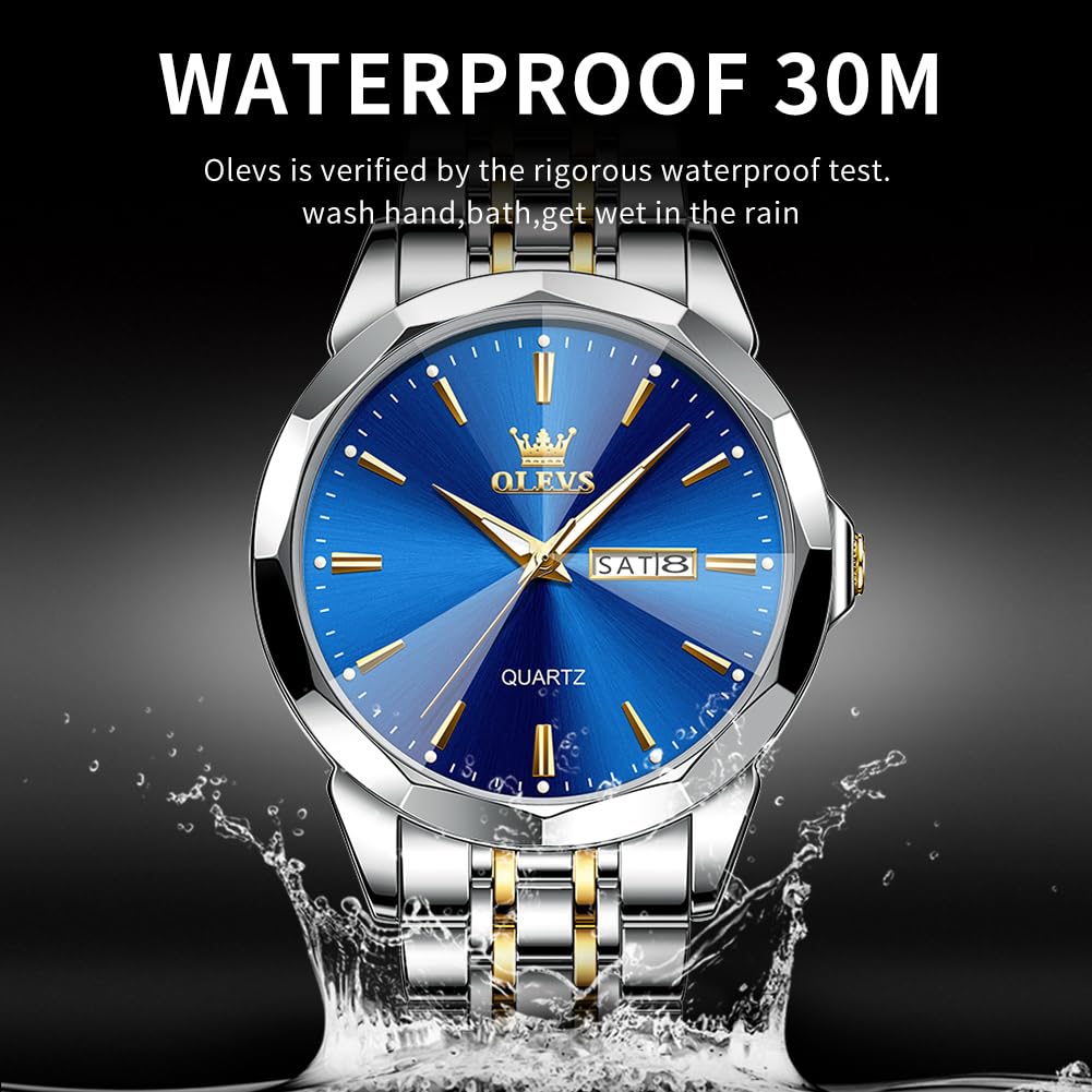 OLEVS Watch for Men Analog Quartz Dress Diamond Business Watches Two Tone Stainless Steel Waterproof Luminous Date Luxury Wrist Watch Gold White 3