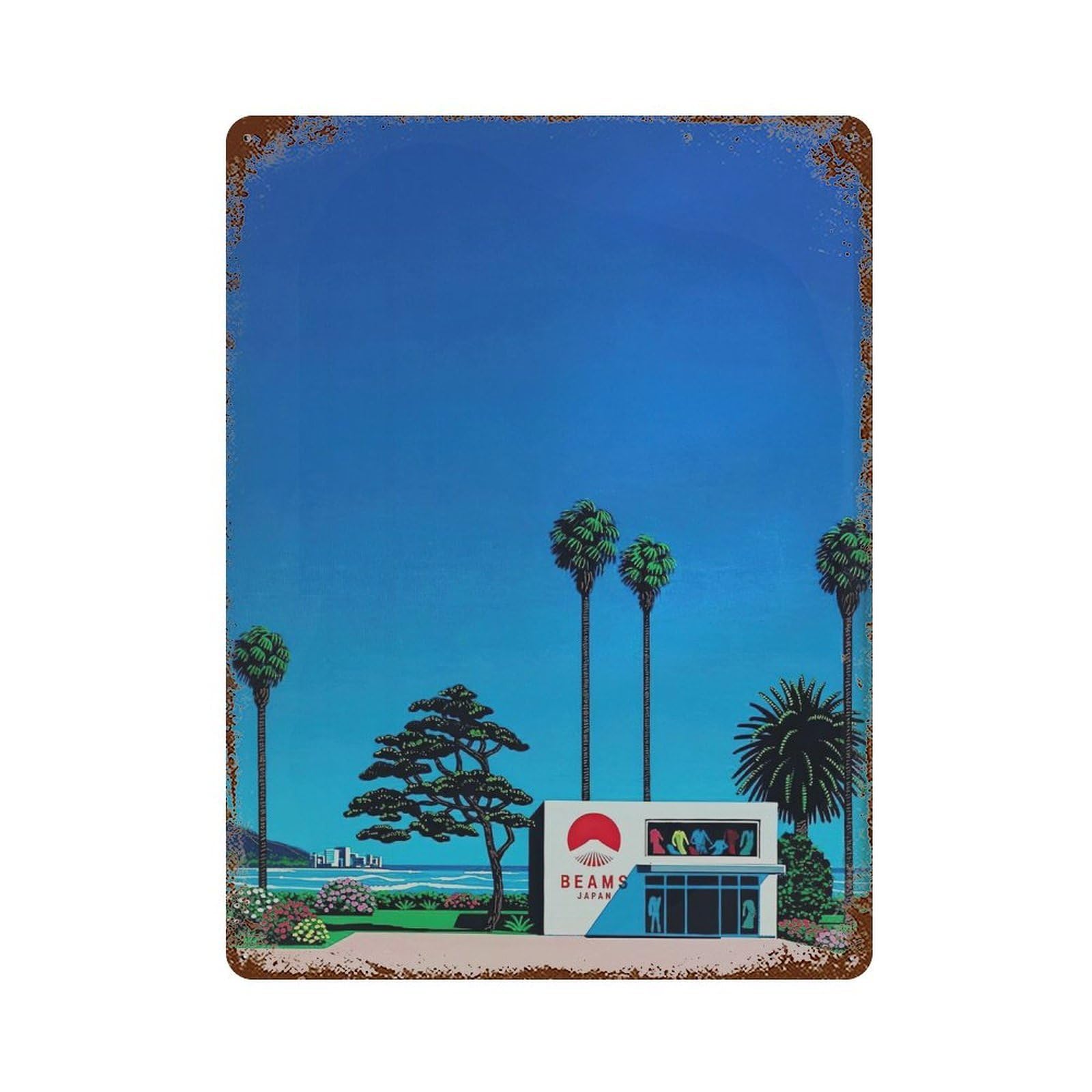 xiaoxiaoshen Palm Trees And Modern Building. Hiroshi Nagai Japanese City Pop Wall Decor Art Metal Tin Poster Modern Home Decor Art Home Bar Shop Decorations Vintage Sign 40x30cm