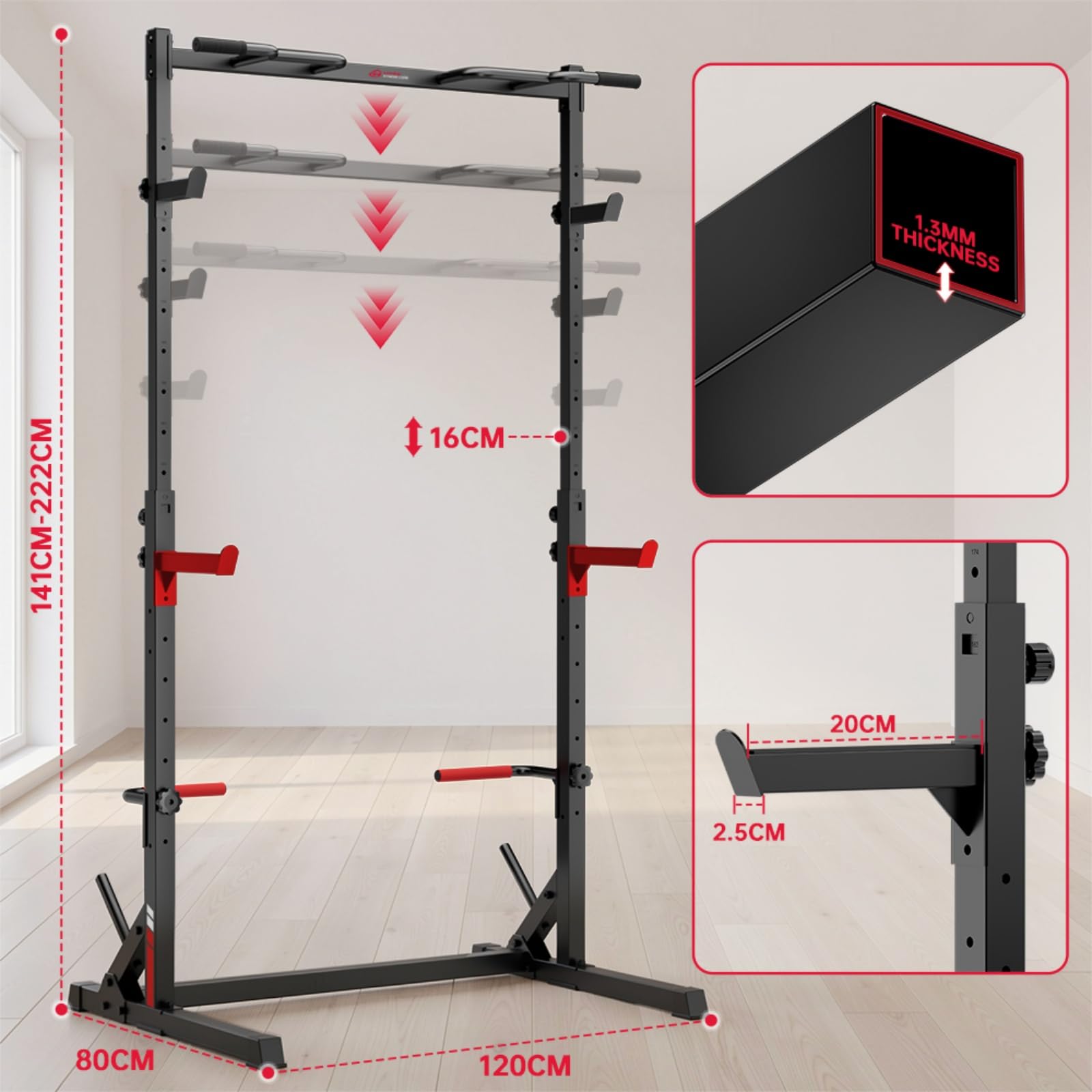 Multifunktionales Kniebeugen-Rack mit Klimmzugstange, voll verstellbare Kraftstation, 300 kg Tragkraft, Krafttraining für zu Hause
