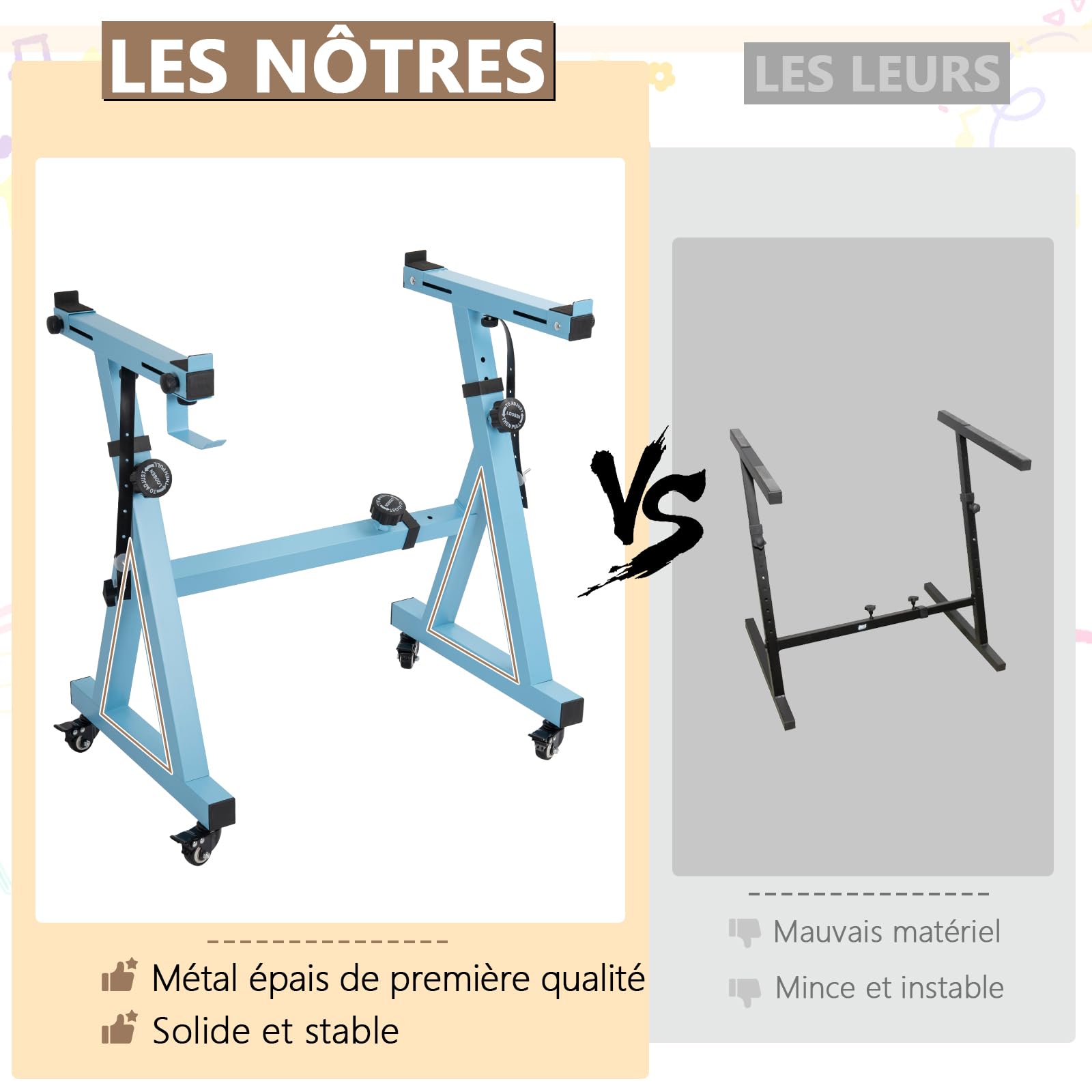 OUUTMEE Support de Clavier Piano en Forme de Z, Support pour Piano Numérique Réglable en Hauteur et Largeur avec 4 Roues, Convient aux Claviers Électrique à 54-88 Touches (Bleu)