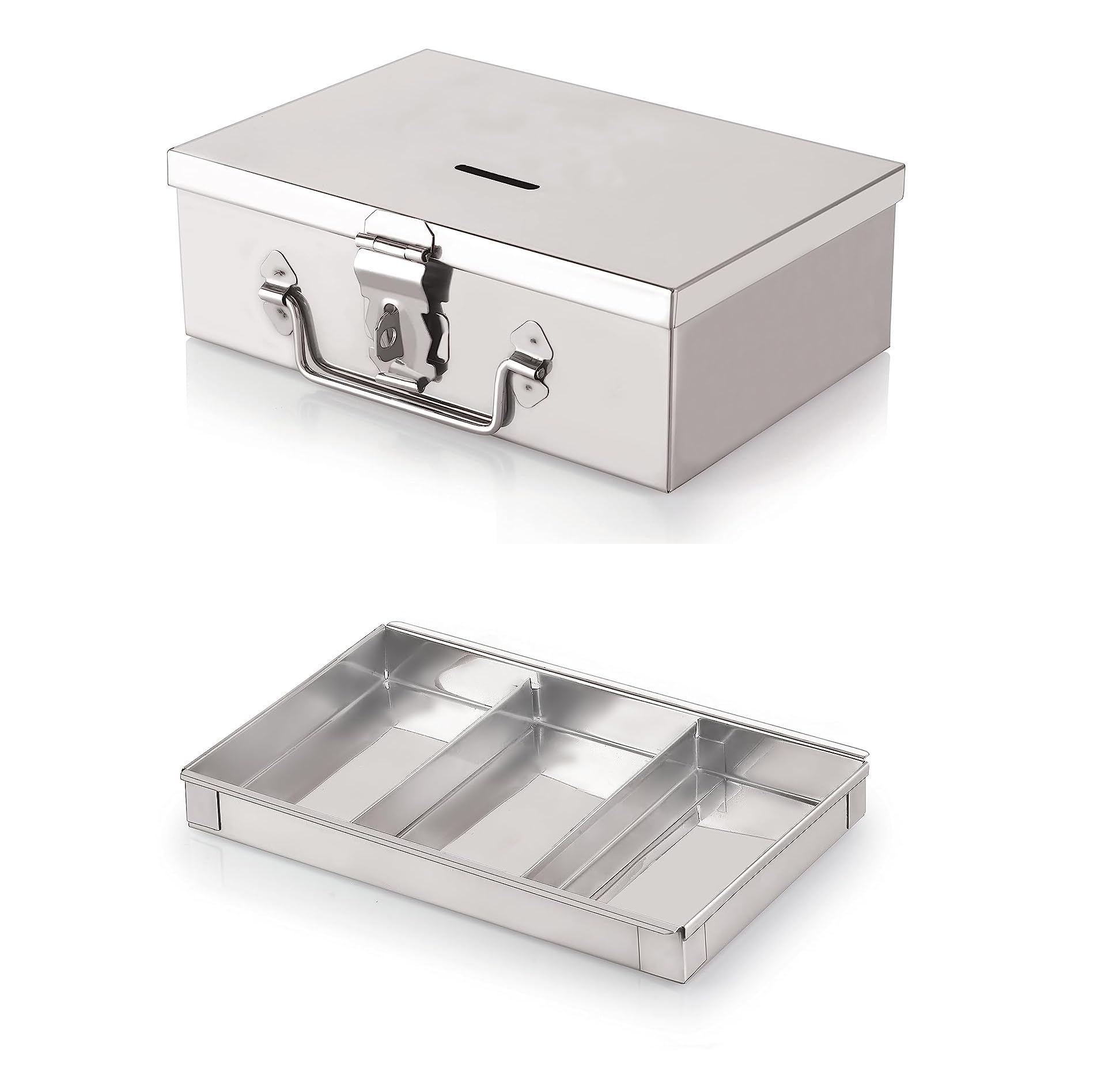 GinoSet® Stainless Steel Storage Boxes, Cash Box, Safe Locker Box for Shop Counter Drawer and Multi purpos use With 1 Removable Tray (Steel Box With 4 compartment) (B0CZLKXK9S) Amazon Price History, Amazon Price Tracker