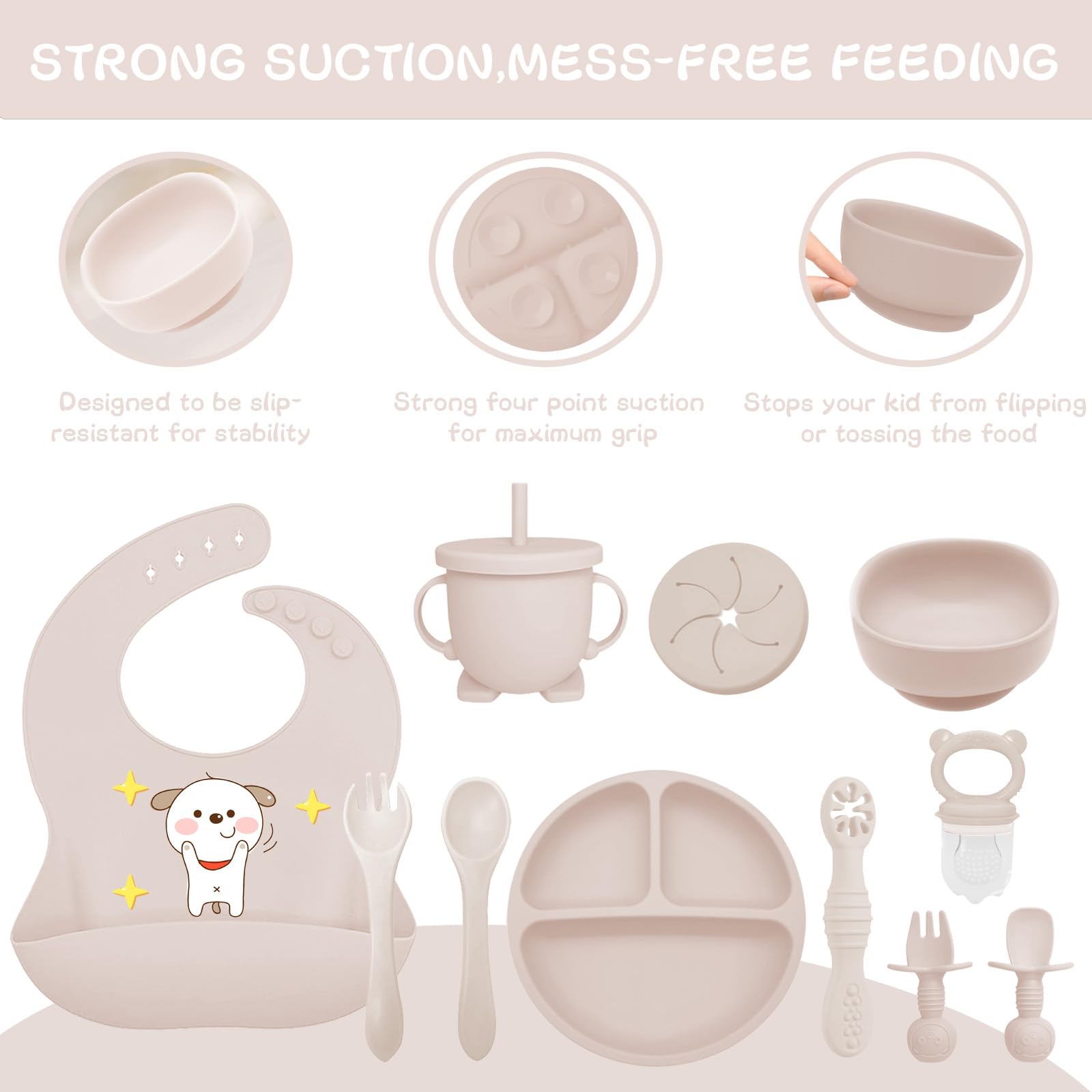 Coffret Repas Bebe 12 pièces, Vaisselle Antiderapant pour Bébé Set Silicone avec Ventouse Assiette Bol Fourche Cuillère Bavoir et Tasse, Assiette Enfant Set, Sans BPA (Beige)