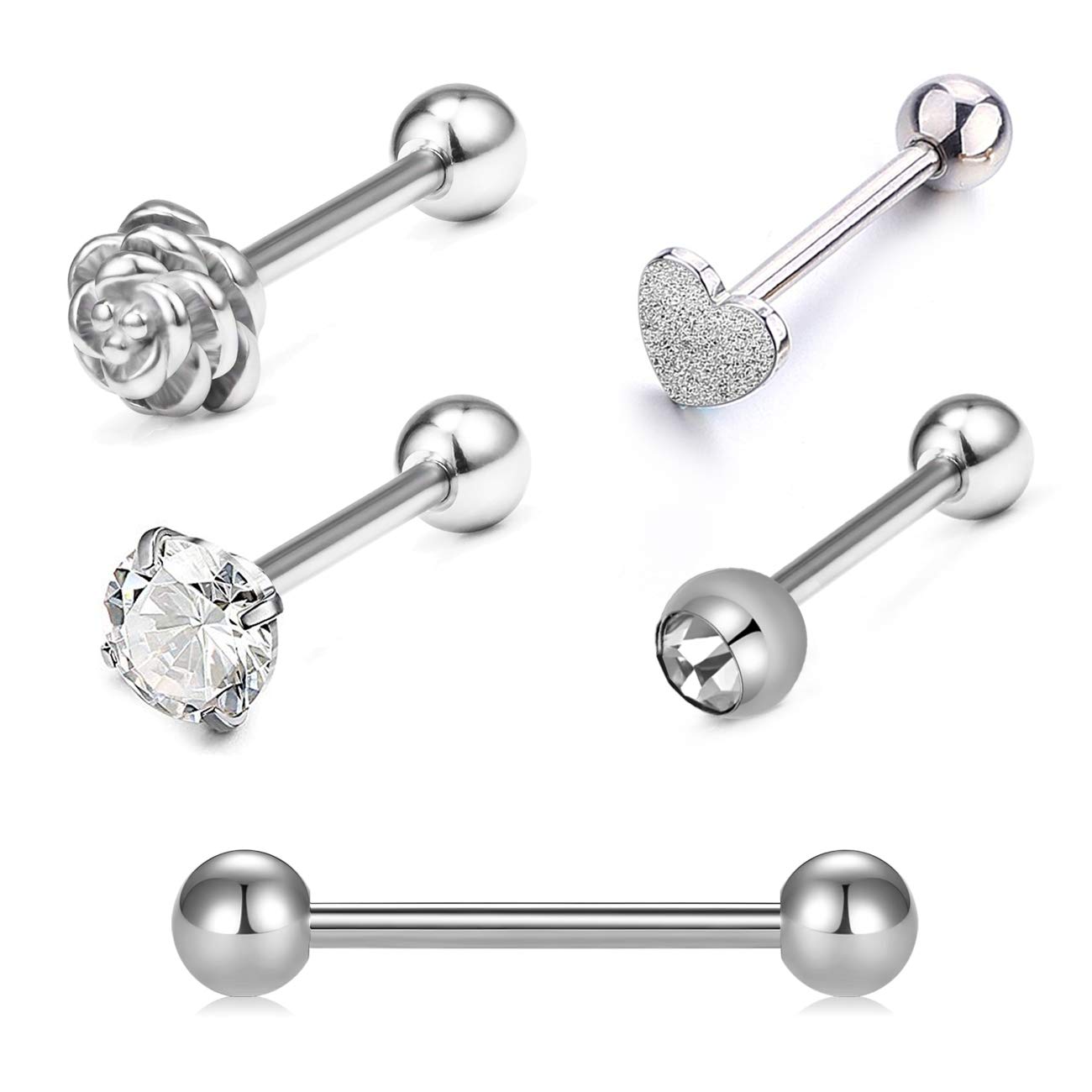 CrdifuBarras de Lengua Plata Anillos Juego Acero Inoxidable Barra Recta 14G 16 mm Joyería Piercing (estilos diferentes)