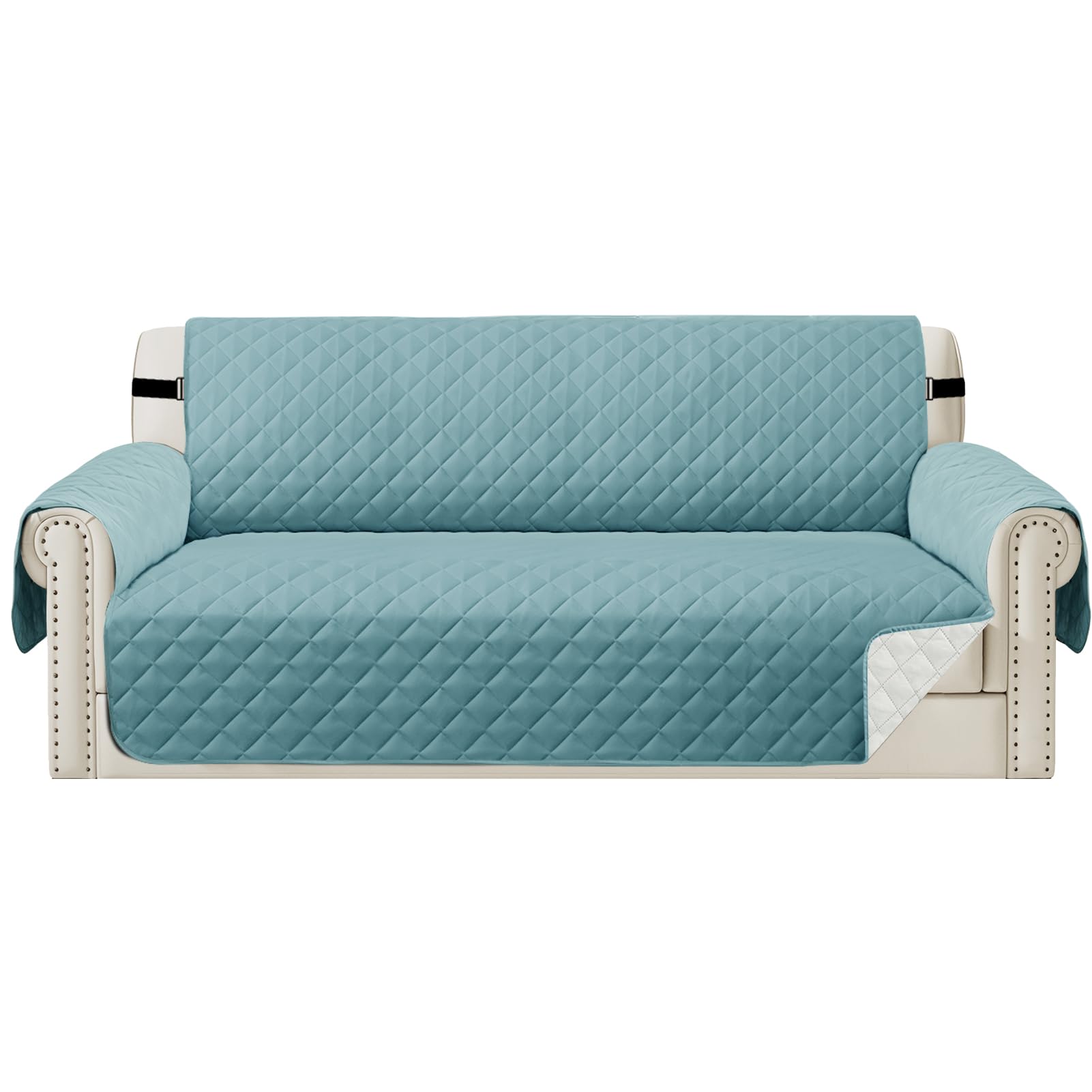 Teynewer Sofa Covers 4 Seater Water Repellent Reversible Sofa Slipcovers Couch Settee Covers Non-Slip Furniture Slipcovers with Elastic Straps for Kids Pets, Blue/Beige