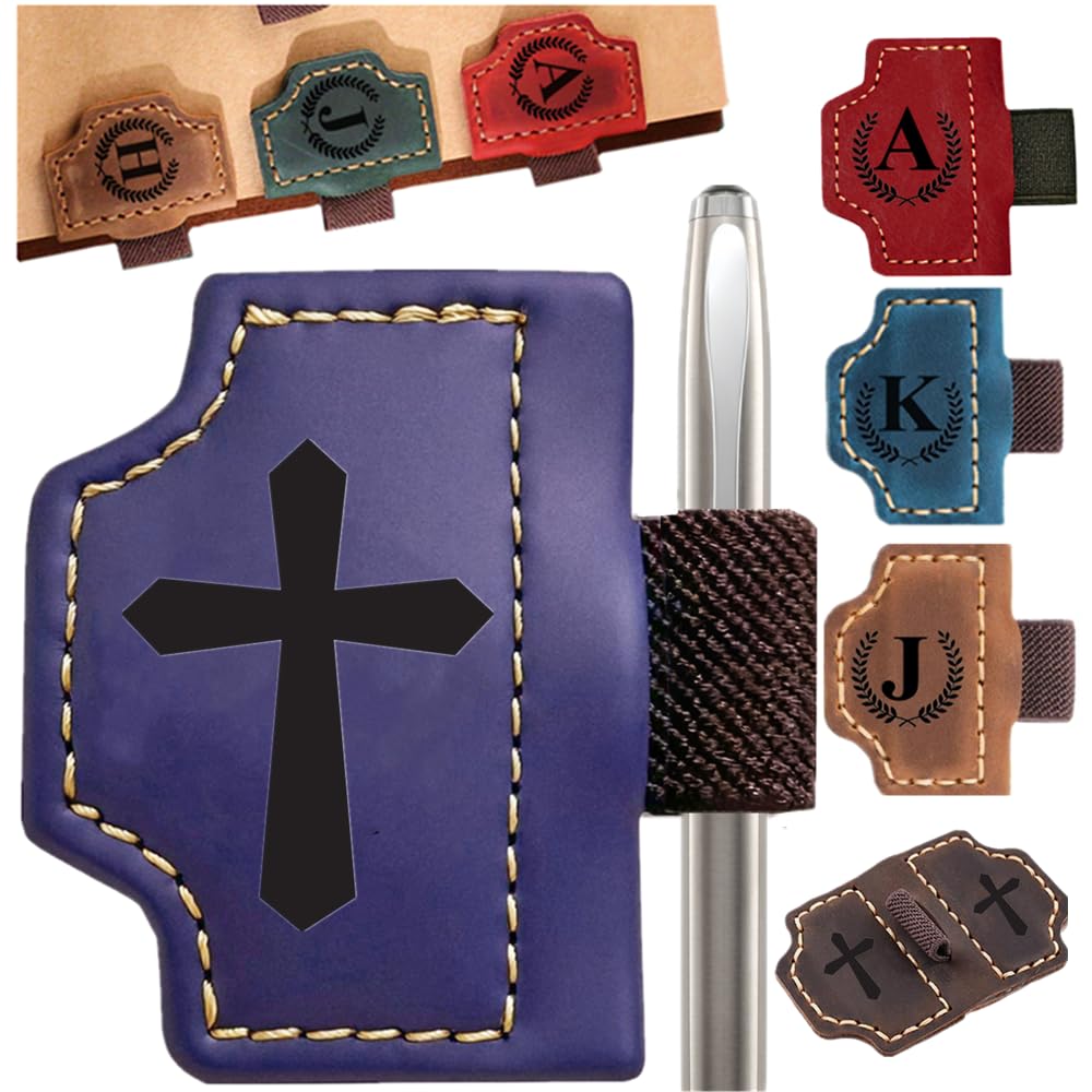 Custom Bookmark with Pen Holder with 26 Letters Personalized Magnetic Leather Book Mark, Customized Name Book Marker Clip with Initial for Men Women, Gifts for Book Lovers, Readers (Purple, Cross-1)