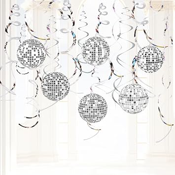24PCS Disco Party Decorations 70s Disco Ball Hanging Swirls Disco Ball Ceiling Hanging Decor for Disco Fever Party Hippie Disco Themed Party Swirls Streamers Ceiling Supplies Silver
