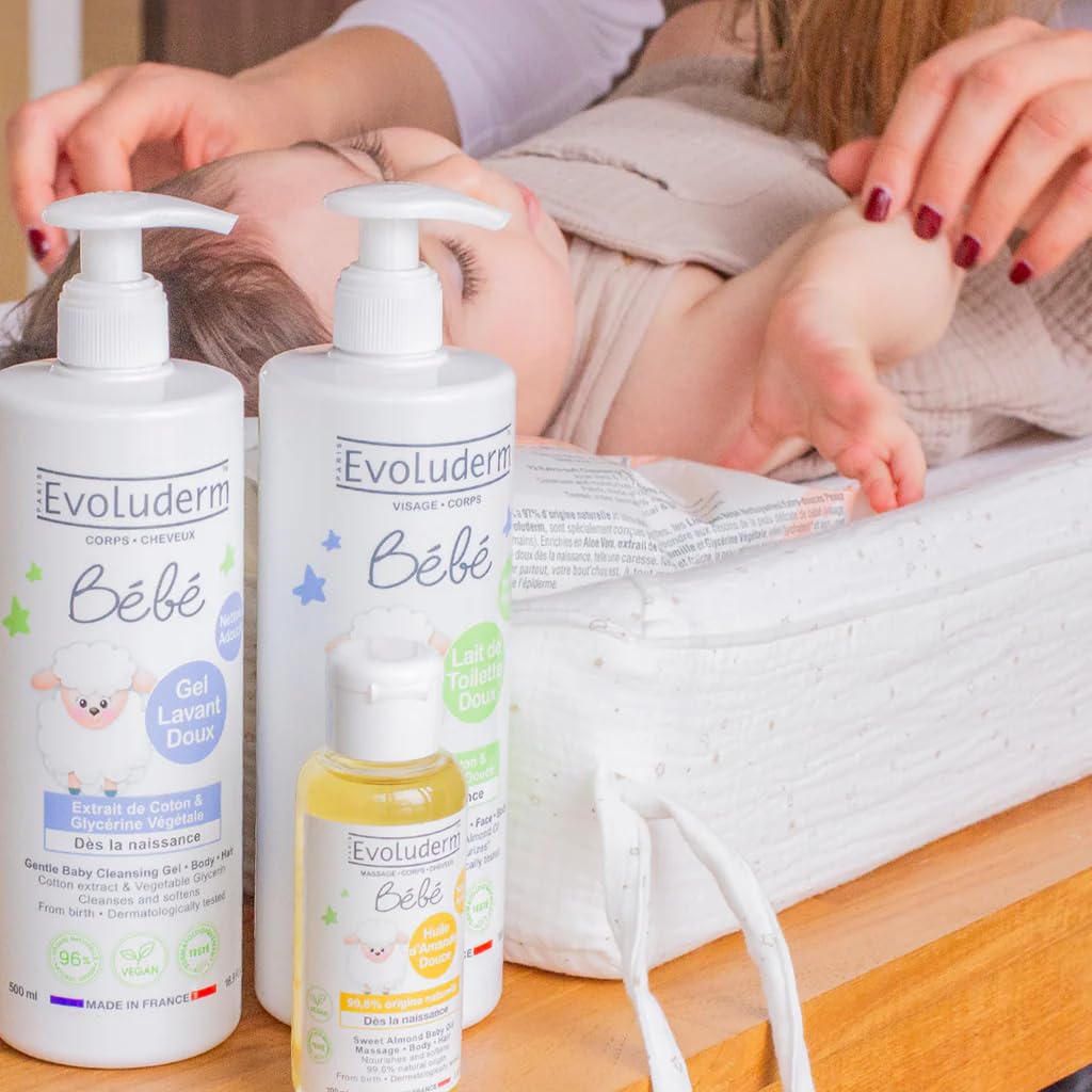 EVOLUDERM - Lait de Toilette Doux Visage & Corps Bébé - 500 ml - 98% d'Origine Naturelle - Végan - Fabrication Française - Lot de 3 x 500 ml