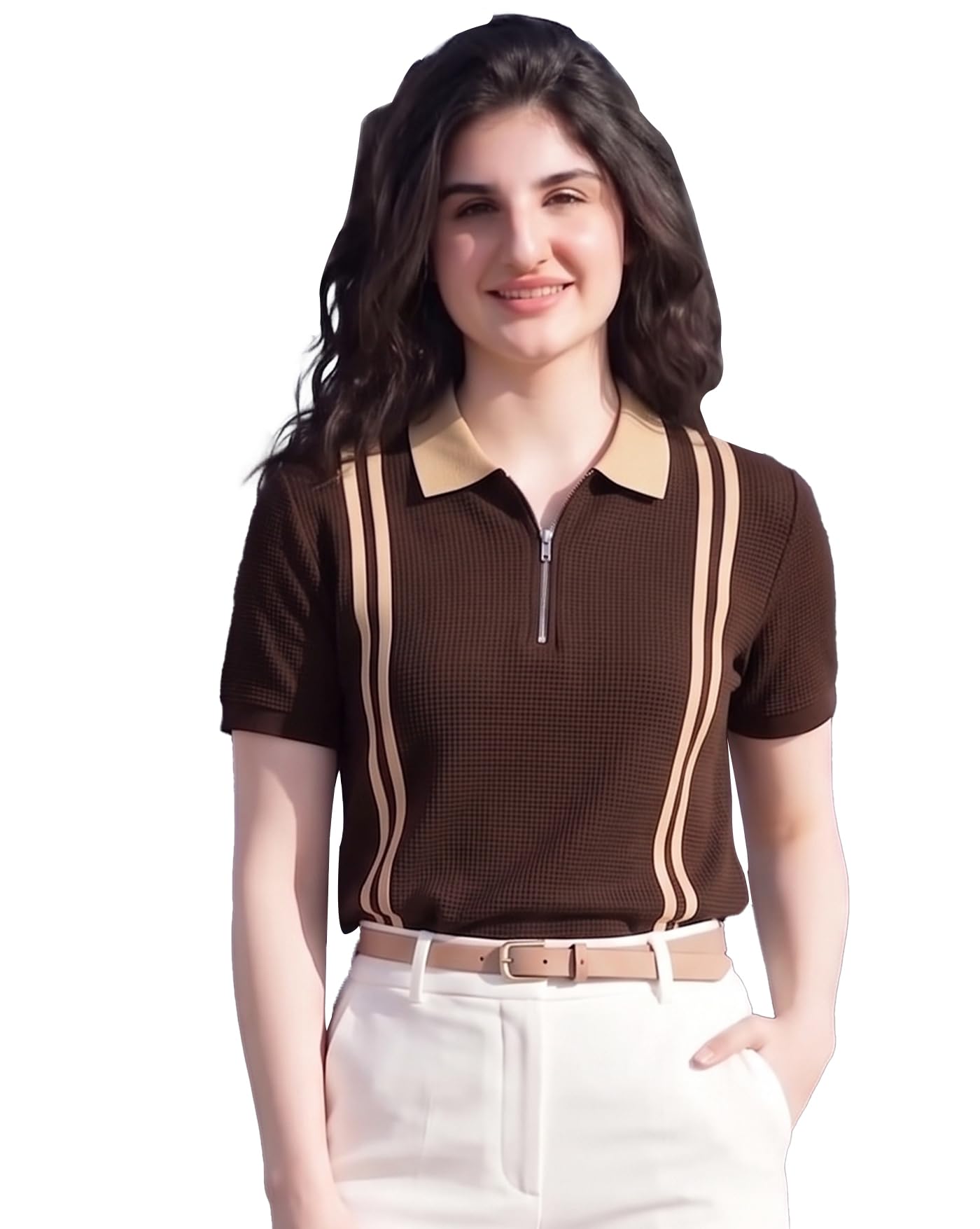 ausk Women’s Elegant Polo Neck Knit T-Shirt | Zip Closure Style | Half Sleeves | Premium Stripe Detailing | Regular Fit-picture-11