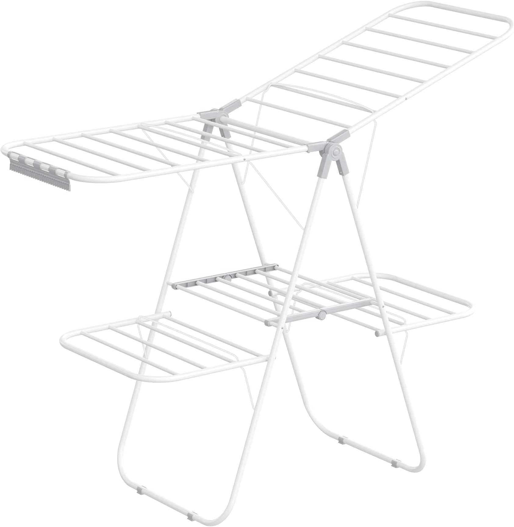 SONGMICS 2-Level Clothes Airer, Foldable Clothes Drying Rack, Laundry Rack with Height-Adjustable Wings, Free-Standing Clothes Horse, Indoor Outdoor Use, Bed Linen Clothing, White and Grey LLR053G01