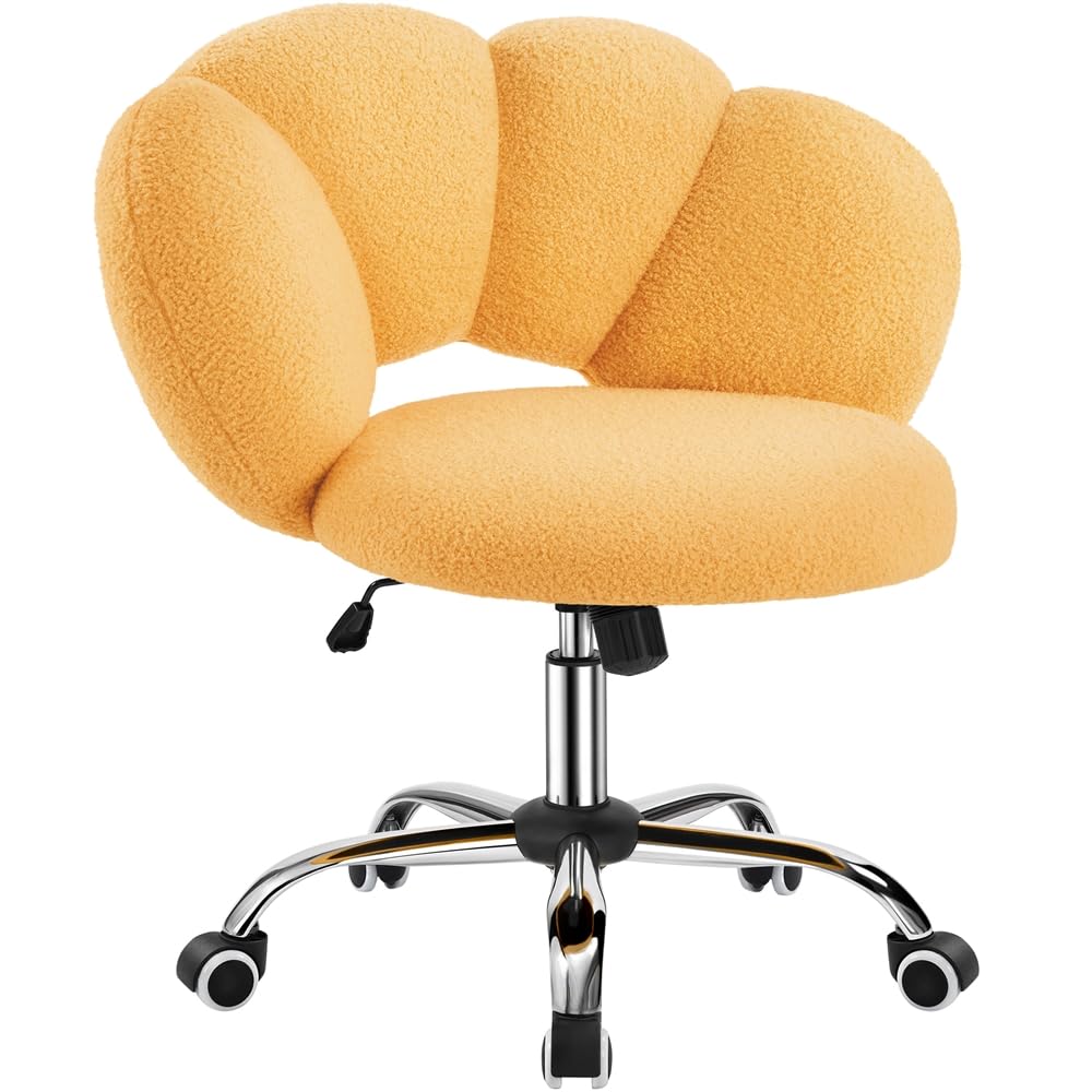 Yaheetech Silla de Escritorio Silla de Oficina Ergonómica sin Brazos Tapizada Amarilla con Ruedas Giratorias Respaldo Diseño Nube en Tejido Bouclé Altura Ajustable