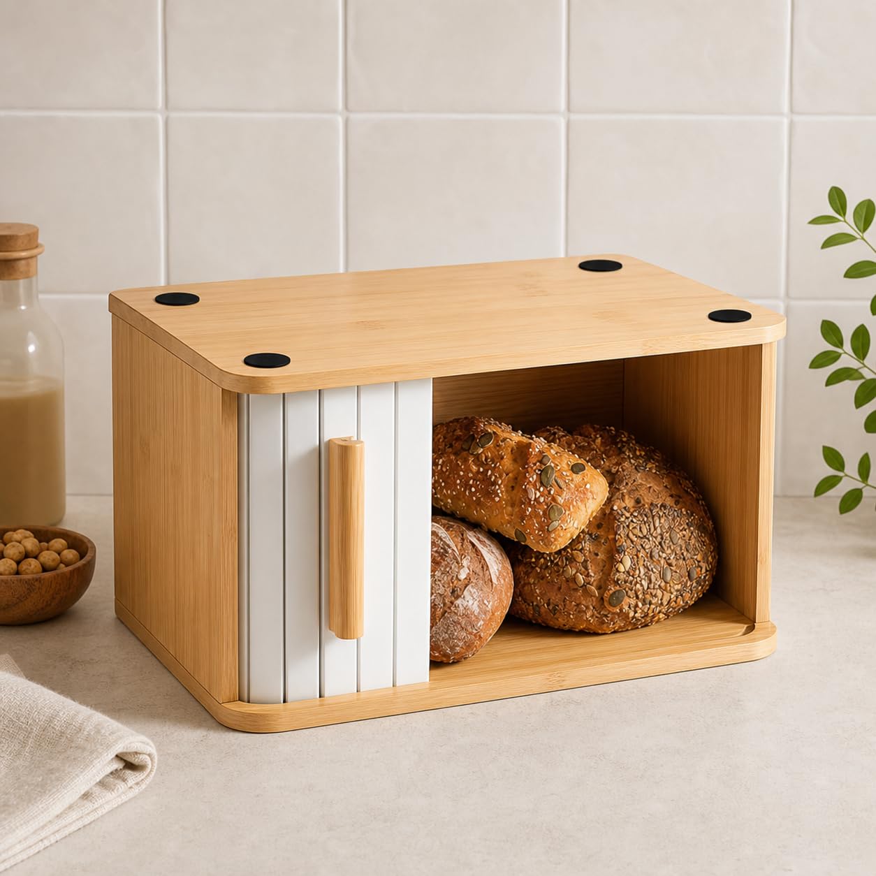 Liwankaqi Kitchen Bread Box with Bamboo Sliding Door