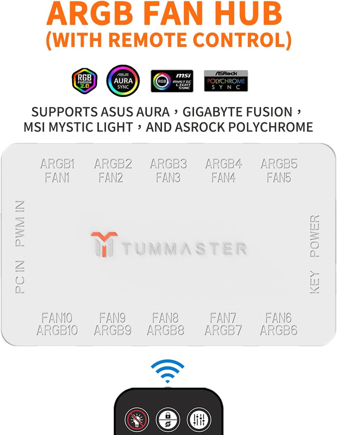 TUMMASTER J-10 ARGB Fan Hub showing compatibility with motherboard sync software