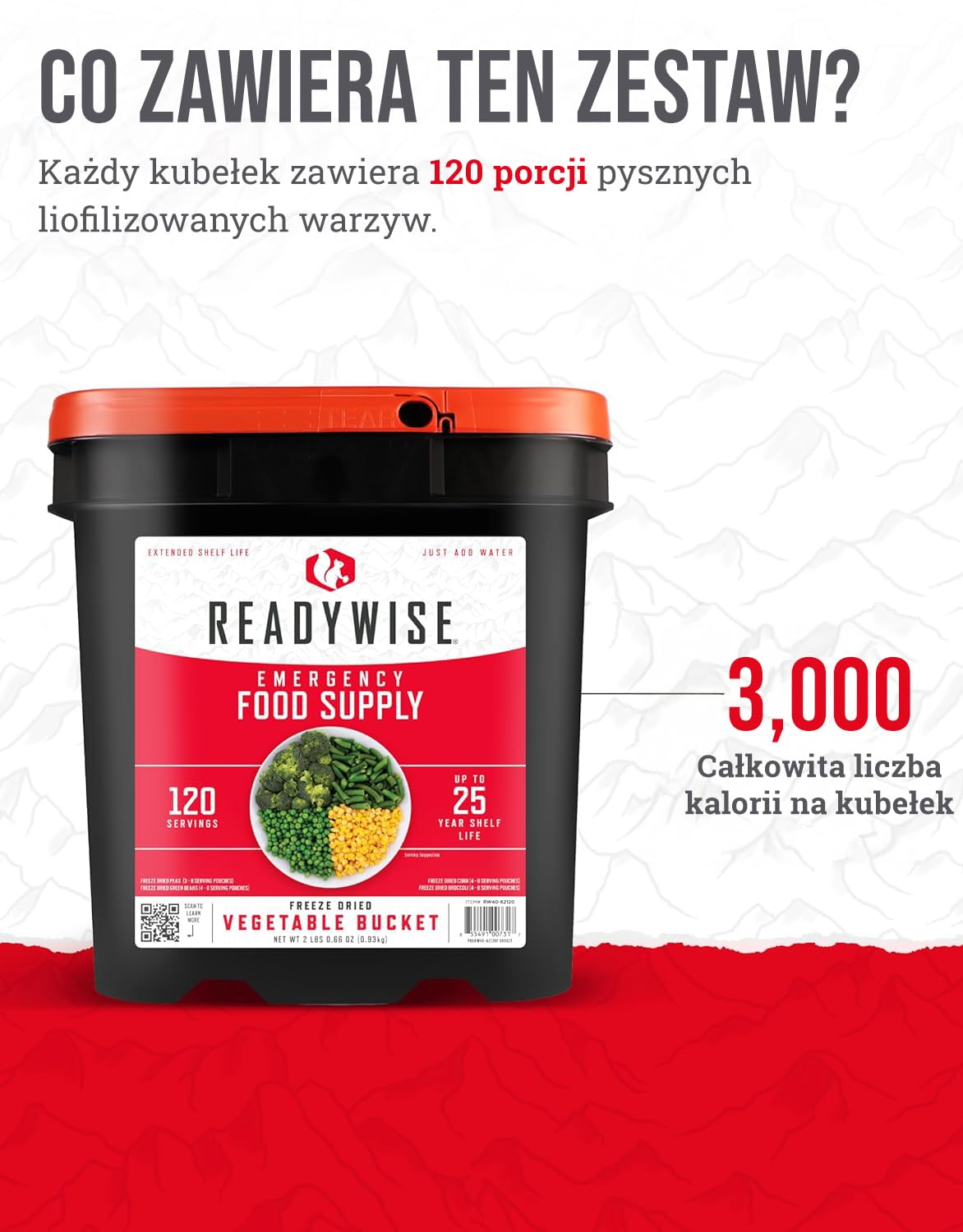 ReadyWise, 120 Porcji, Racja awaryjna, Mieszanka warzywna, Brokuły, Groszek, Fasolka szparagowa i Kukurydza, Liofilizowana, Długoterminowe zaopatrzenie w żywność, 25-letnie przechowywanie
