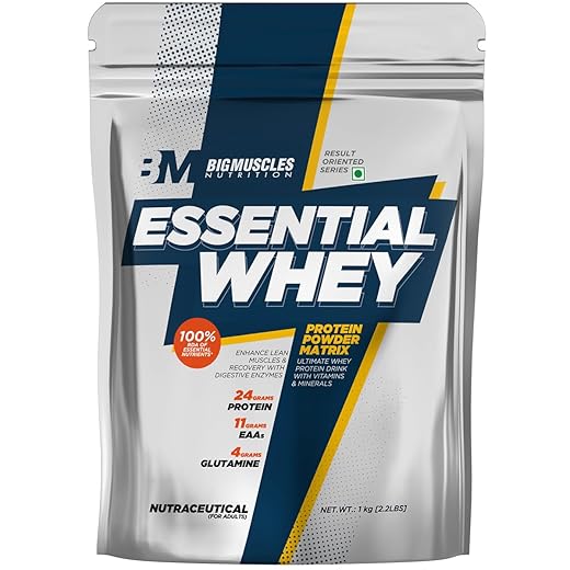 Bigmuscles Nutrition Essential Whey Protein 1Kg [Dutch Chocolate] | 24g Protein/serving with Digestive Enzymes,Vitamin & Minerals, No Added Sugar|Improved Strength , Faster Recovery & Muscle Building