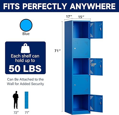 Miniatura 3 de Yizosh Armario de metal con 5 puertas, armarios altos de acero para empleados, armarios de almacenamiento de casilleros de 71 pulgadas para escuela,