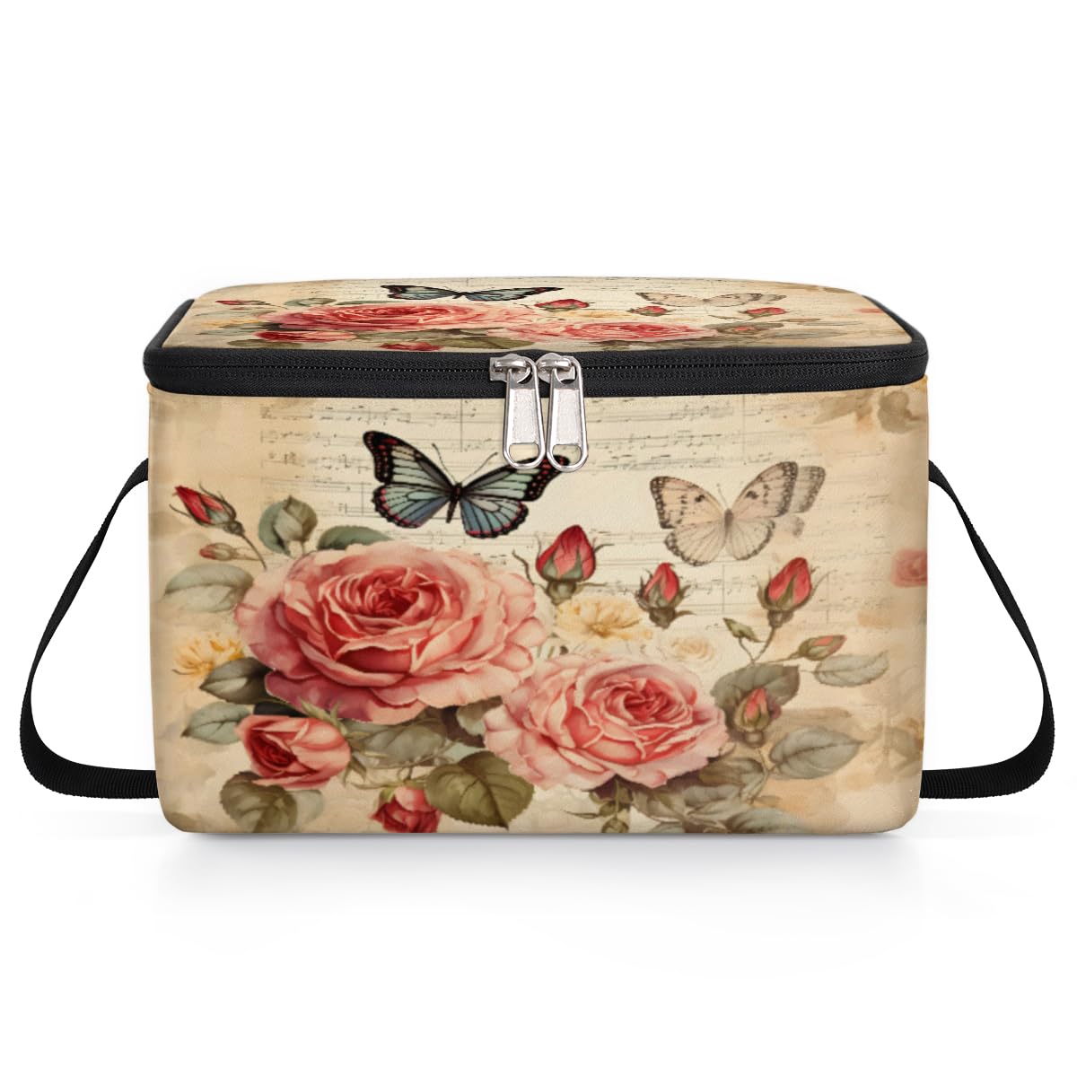 GzLeyigou Retro Floral Roses Lunch Bags for Women Men 9 Cans, Hot & Cold Food Delivery Bag Insulated Grocery Bag Insulated Lunch Box Butterfly Cooler Bag for Office Work Picnic Beach