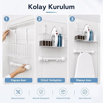 Alper Banyo Kapı Arkası Ütü Masası Askılığı ve Organizer Raf, Beyaz Metal Düzenleyici, Ütü, Sprey ve Aksesuar Raflı, Aletsiz Kolay Kurulumlu Kapı Arkası Düzenleyici