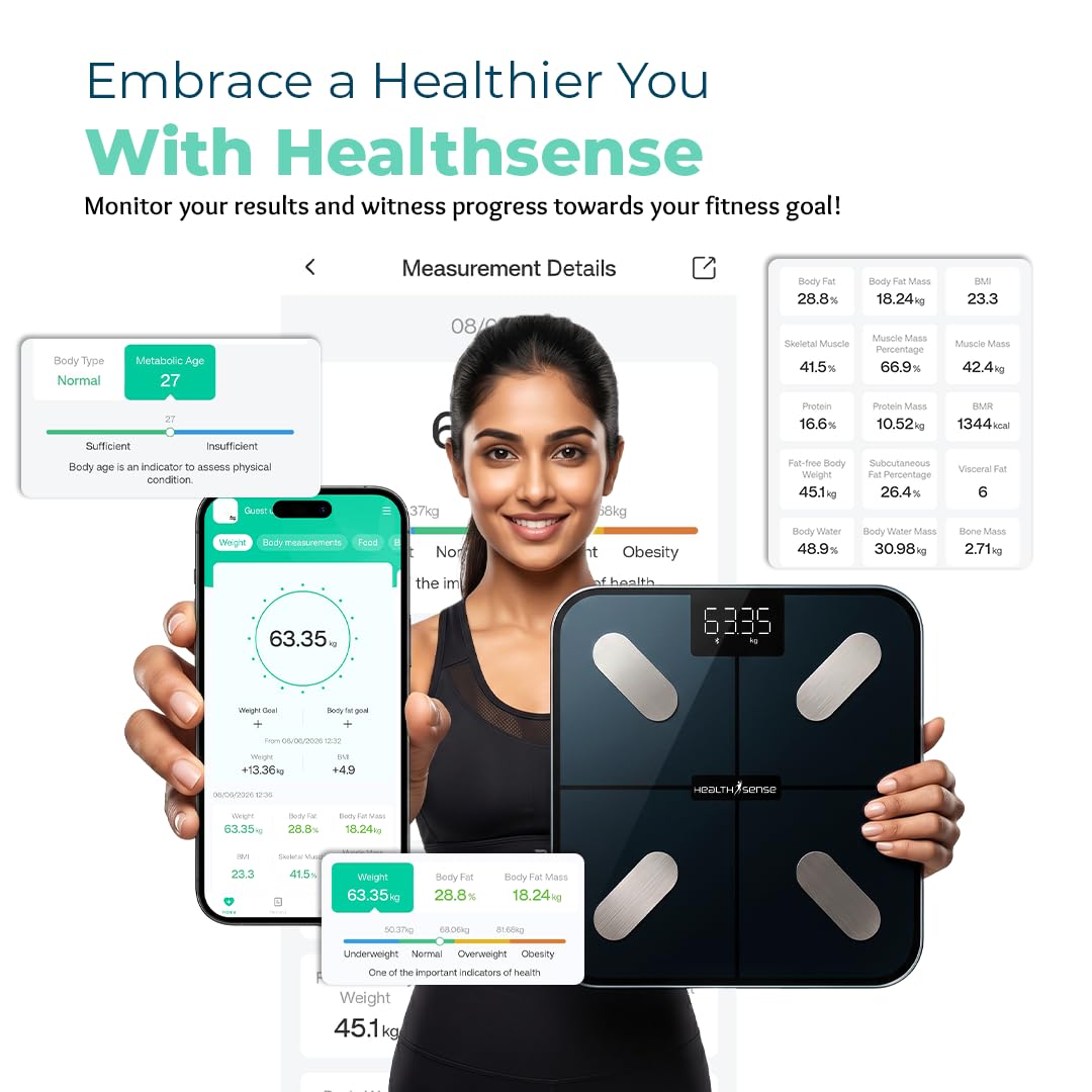 HealthSense Smart Weight Machine for Body Weight | BMI Weighing Scale & Bluetooth Fat Analyser for Home with 25 Body Parameters | Mobile App, LED Display, 100+ User Profiles, 1 Year Warranty | BS 181 3