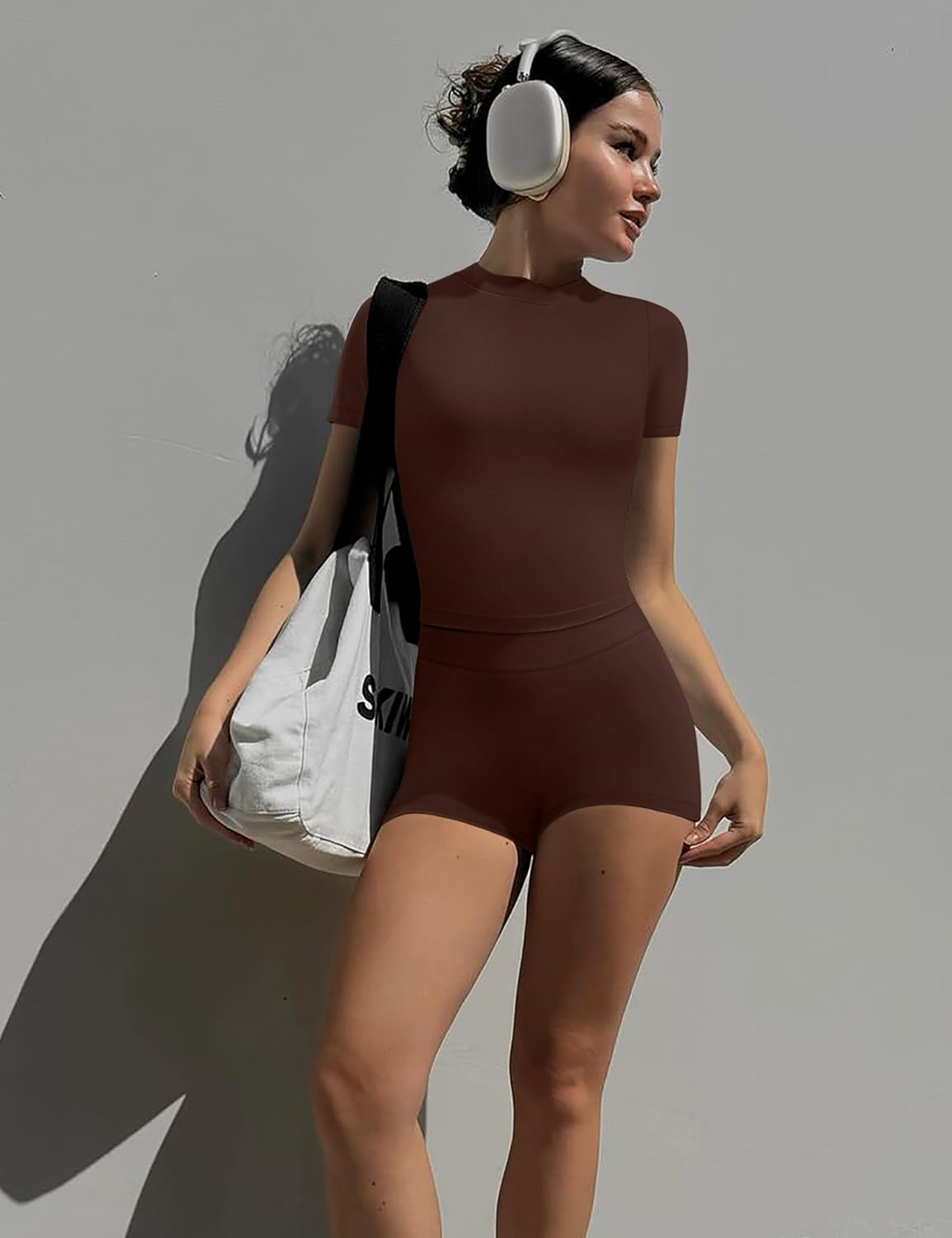 OLCHEE Womens Workout Sets 2 Piece Seamless Summer Outfits Scrunch Butt Shorts Crew Neck T-shirt Matching Clothing Set - Image 3