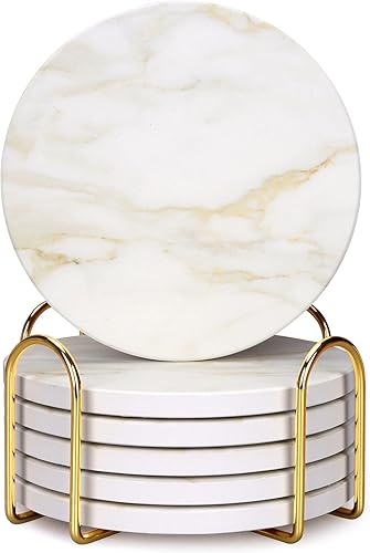 Miniatura 8 de Juego de 6 Posavasos de Cerámica Estilo Mármol Blanco con Soporte Decoración para Mesa de Café Posavasos Absorbentes de Piedra para Casa de Campo