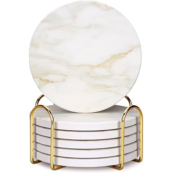 Marble Style Ceramic Coasters Set of 6 with Holder Modern Coffee Table Decoration Drink Coasters Gifts Absorbent Stone Coasters for Rustic Farmhouse Bar