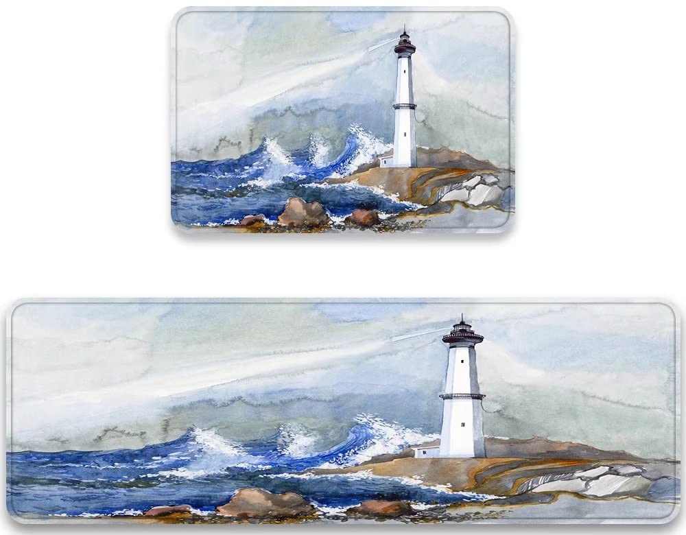 ラグ・カーペット lighthouse Seascape rug blanket Amazon.com: Vintage Lighthouse Kitchen Rug Set of 2 Watercolor
