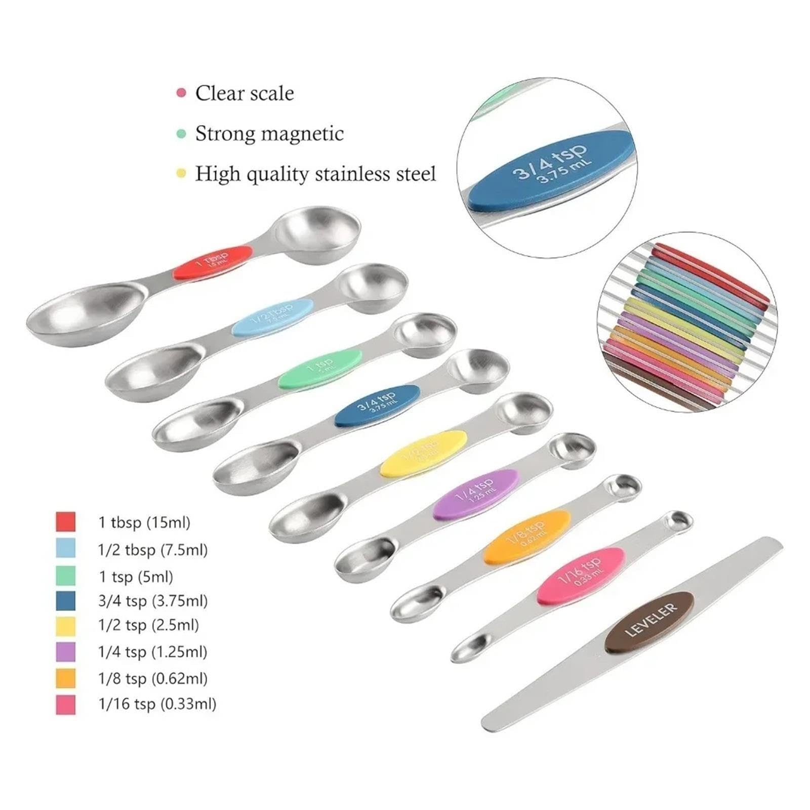 Set 17pcs tasses et cuilleres doseuses inox avec cuilleres magnetiques