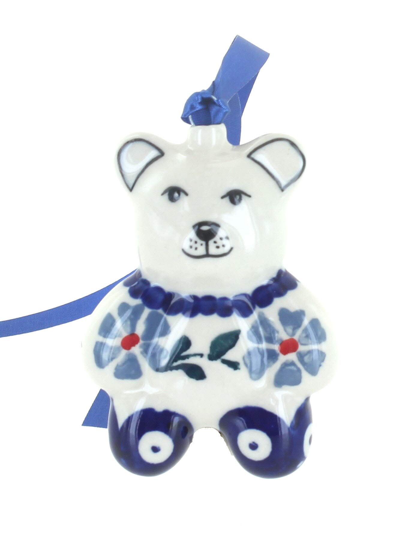 Blue Rose Polish Pottery - Blue Violet Teddy Bear Ornament - 3.5" x 3.25" - Hand-Painted Collectible Decoration