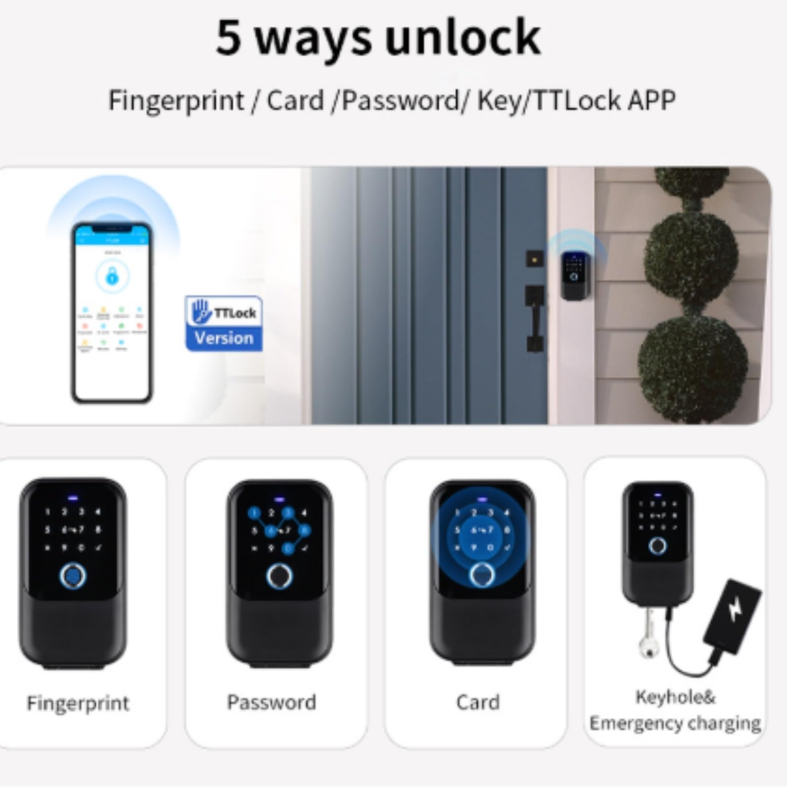 Cerraduras de puerta Smart Key Lock Box – Reconocimiento avanzado de huellas dactilares, control TTLock, llaves manuales, tarjeta de acceso – Resistente a la intemperie, inteligente (versión TTLock)