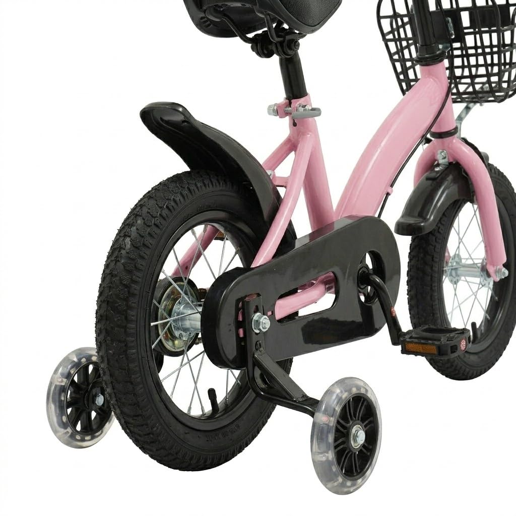 Bicicletta per bambini da 12 pollici a partire dai 2 ai 5 anni, manubrio e sedile regolabili in altezza, bicicletta per bambini con ruote di supporto, cestino e bottiglia d'acqua, colore rosa, robusta