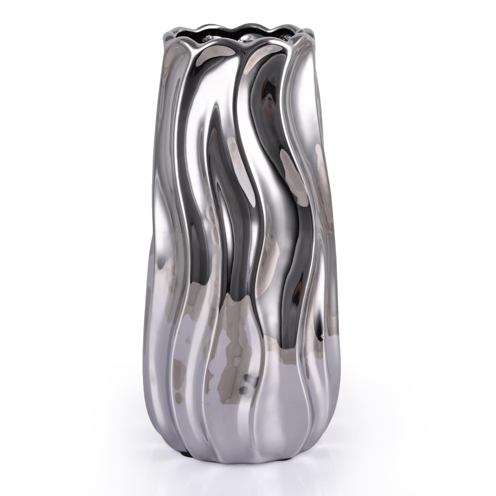 Vase décoratif moderne ondulé argenté pour salon et table