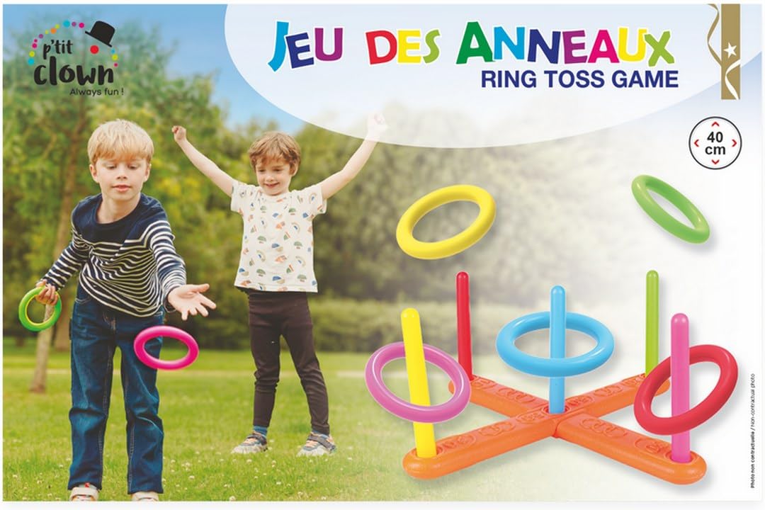 P'TIT CLOWN - 24538 - Jeu de Lancer d’Anneaux Enfant - Jeu d’Extérieur d’Adresse et de Précision - 5 Anneaux, 5 Piquets, Support à Assembler - Plastique
