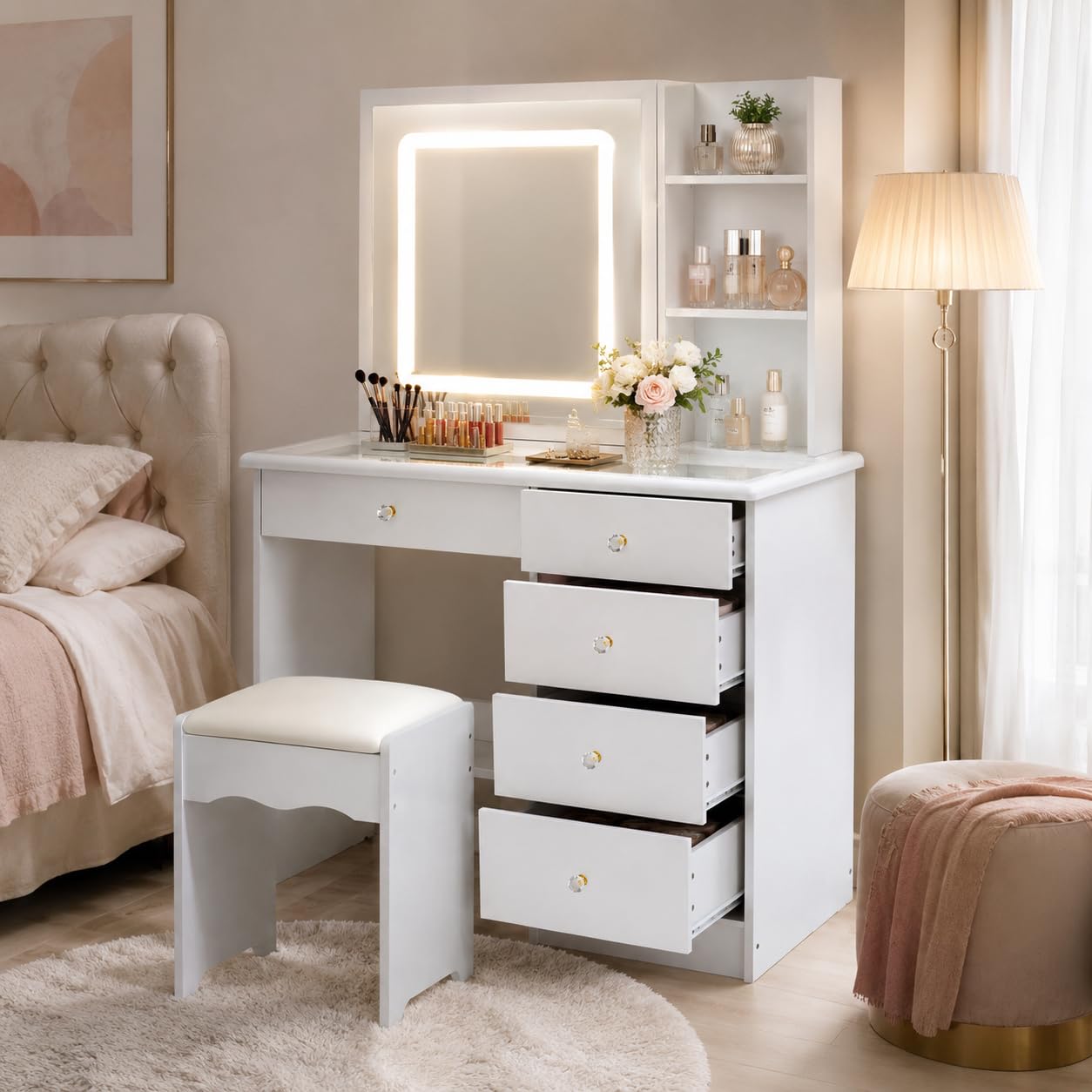 Tavolo da Toeletta Con Grande Piano in Vetro, Illuminazione a 3 Colori, Specchio e Sgabello - 5 Cassetti e 4 Ripiani - Bianco