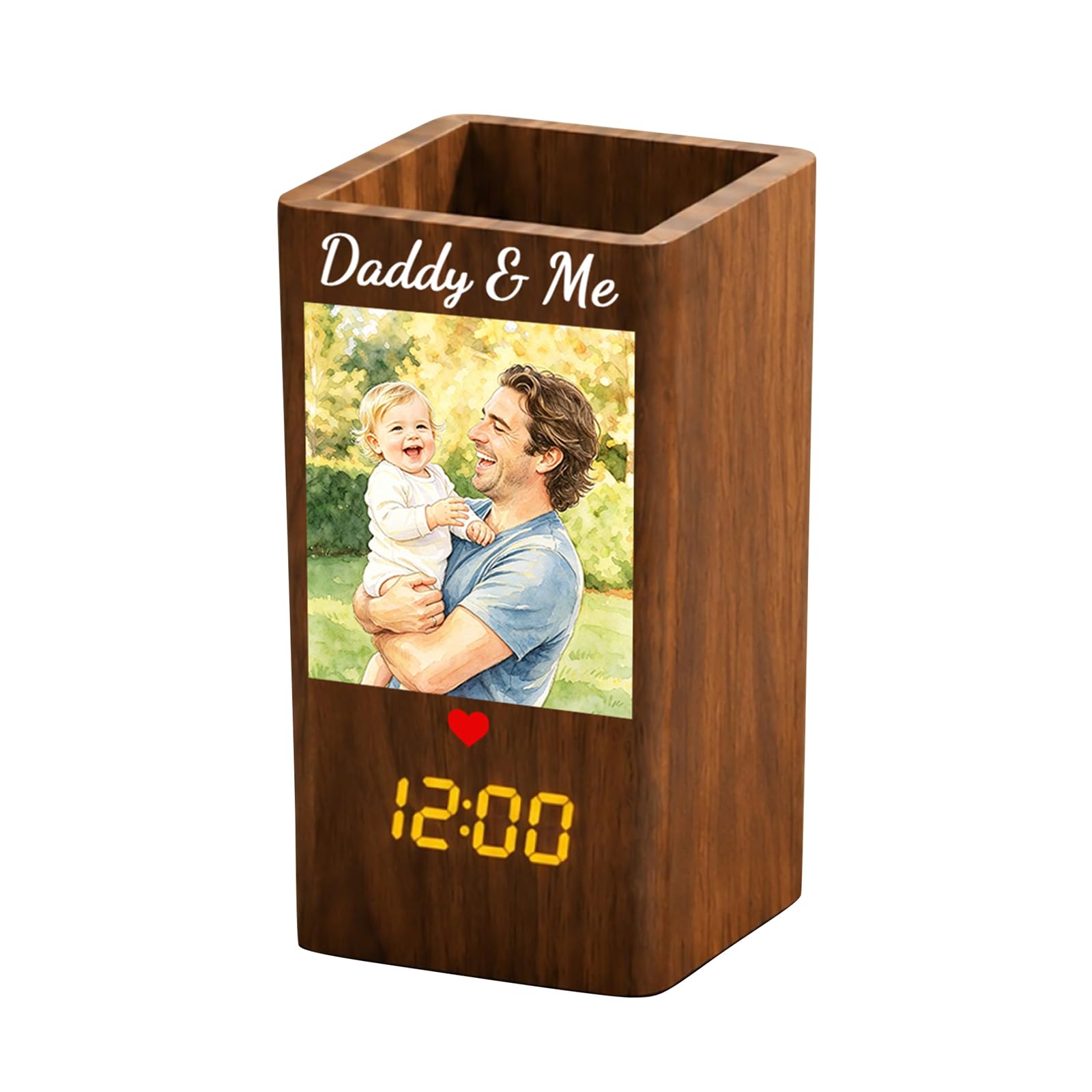 Personalized Dad and Me Photo Pen Holder with Clock Custom Watercolor Painting Family Photo Pen Holder Clock for Dad Daddy Grandpa Office Desk Accessories for Him Fathers Day Birthday Christmas